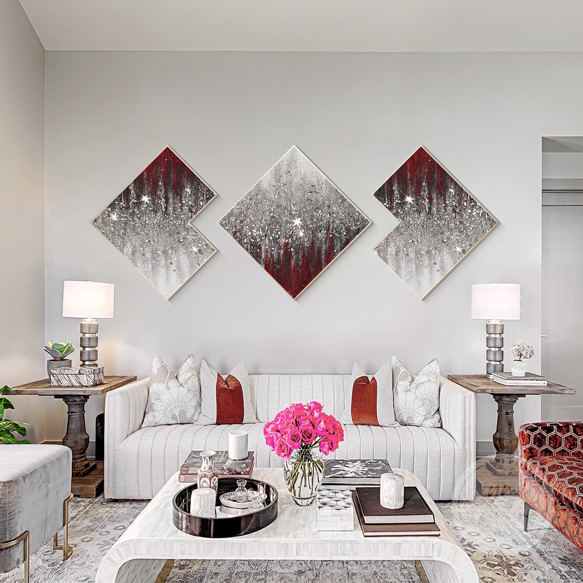 Three-panel red glitter painting with silver accents and textured crushed glass, ideal for adding dynamic energy and elegance to your space.