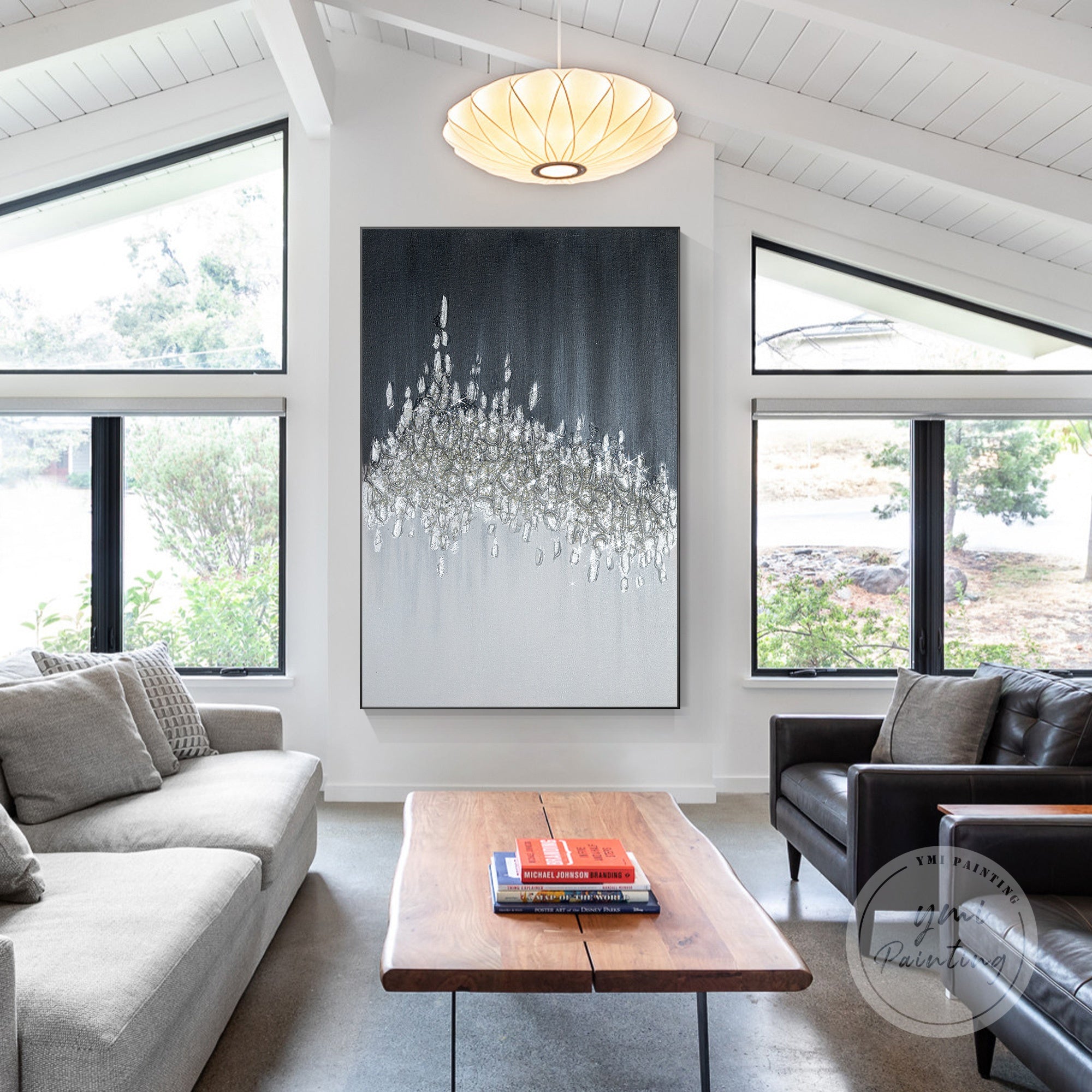 Glamorous crushed glass painting featuring black and silver glitter accents.