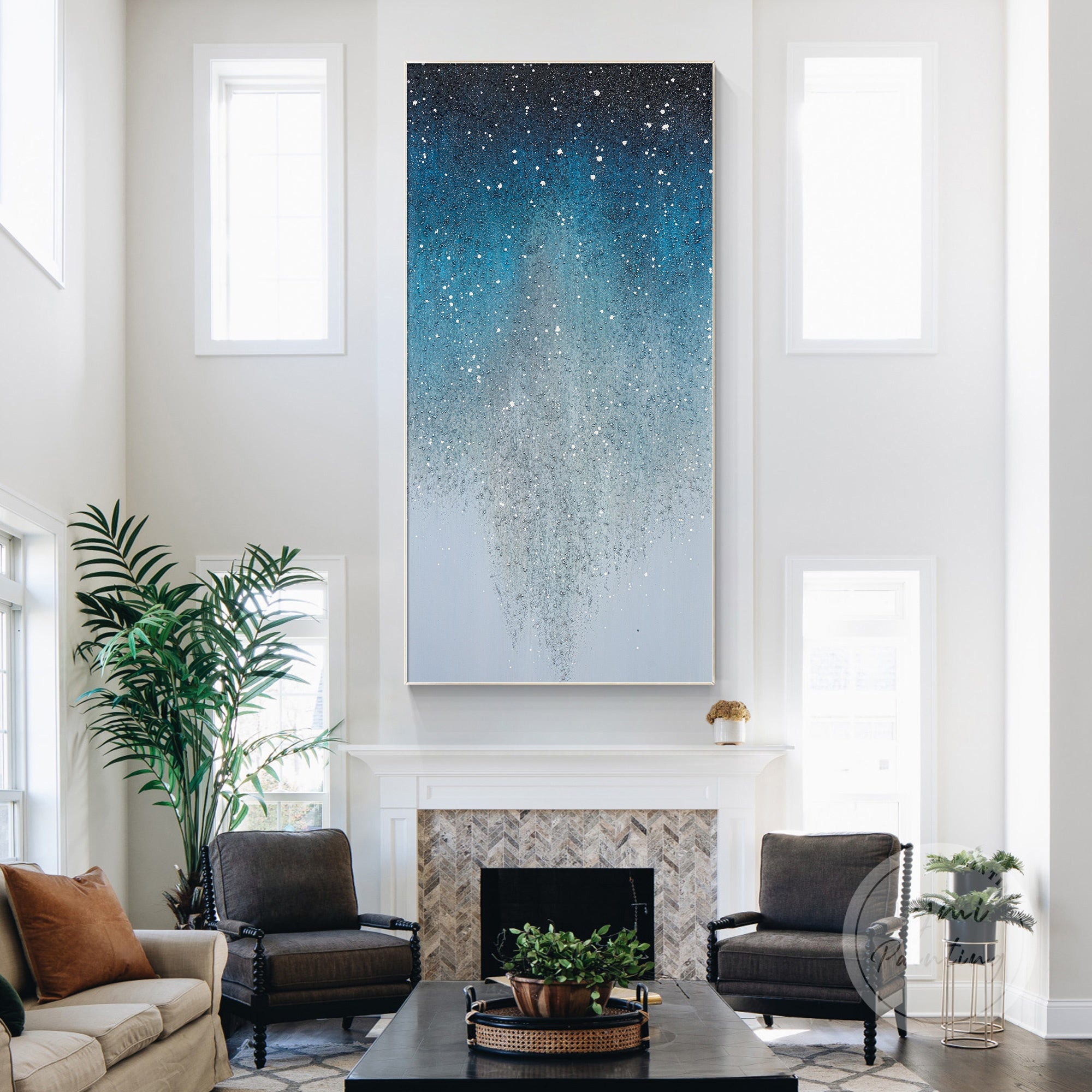 Glam wall art with textured glitter layers, creating a dynamic shimmer effect for stylish interiors.