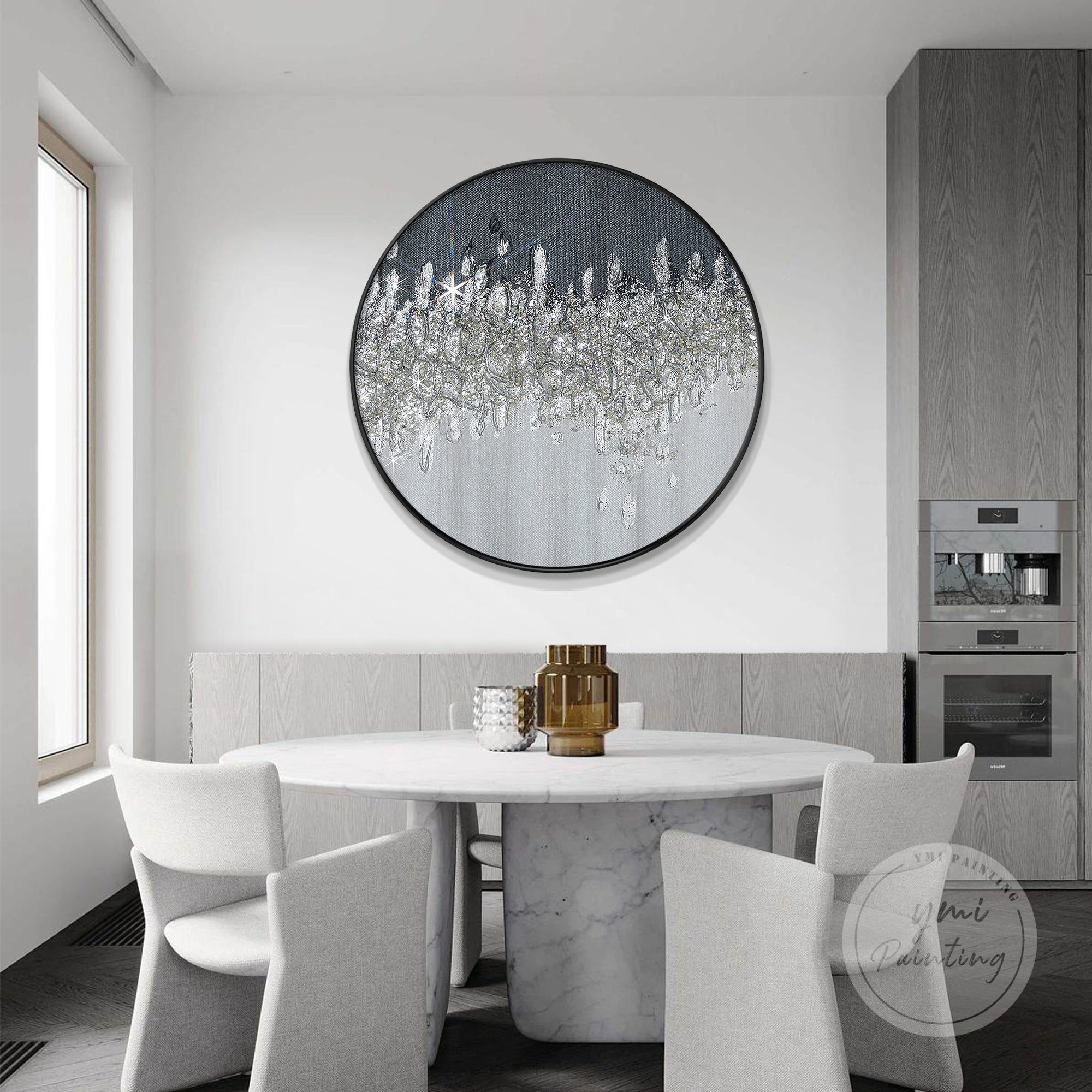 Round textured glitter painting featuring black and silver tones, perfect for modern sophisticated decor.