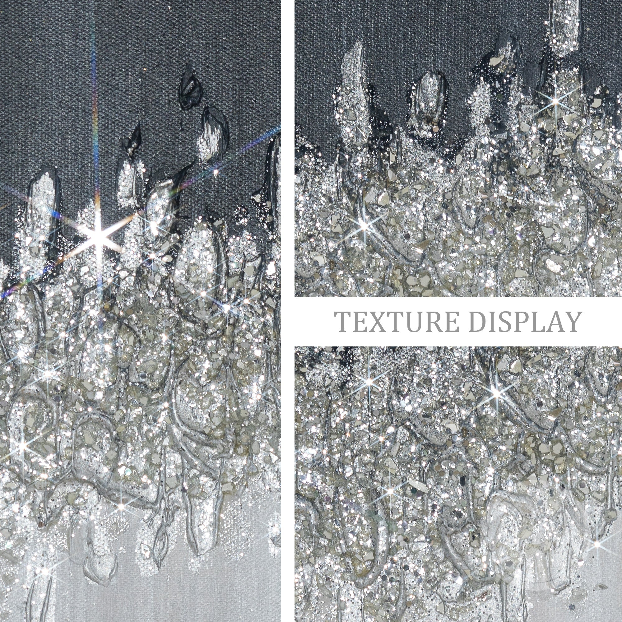 Large round wall art combining crushed glass and glitter, shimmering with bold black and silver highlights.