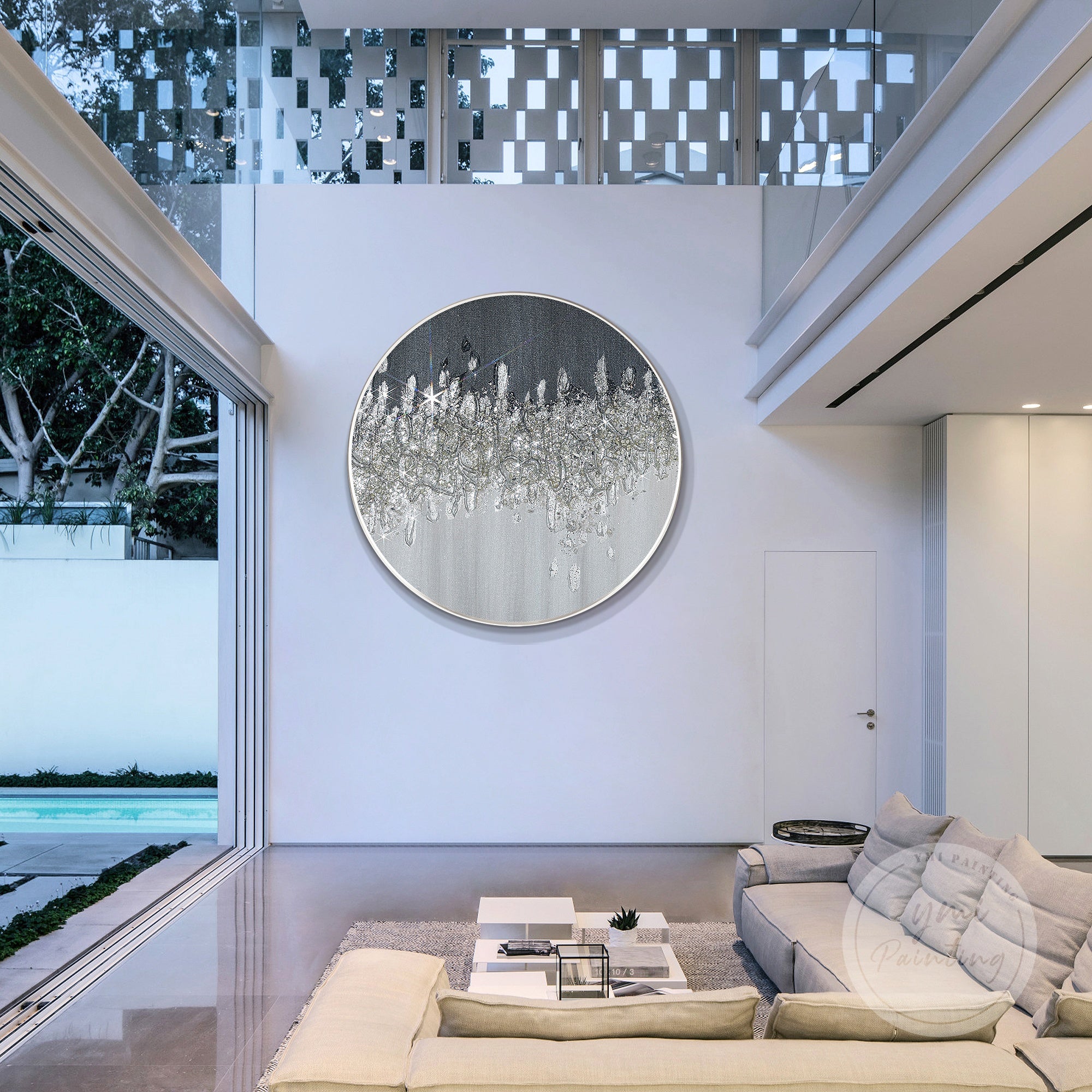 Glamorous textured glitter art with crushed glass elements, ideal for luxurious wall decoration.
