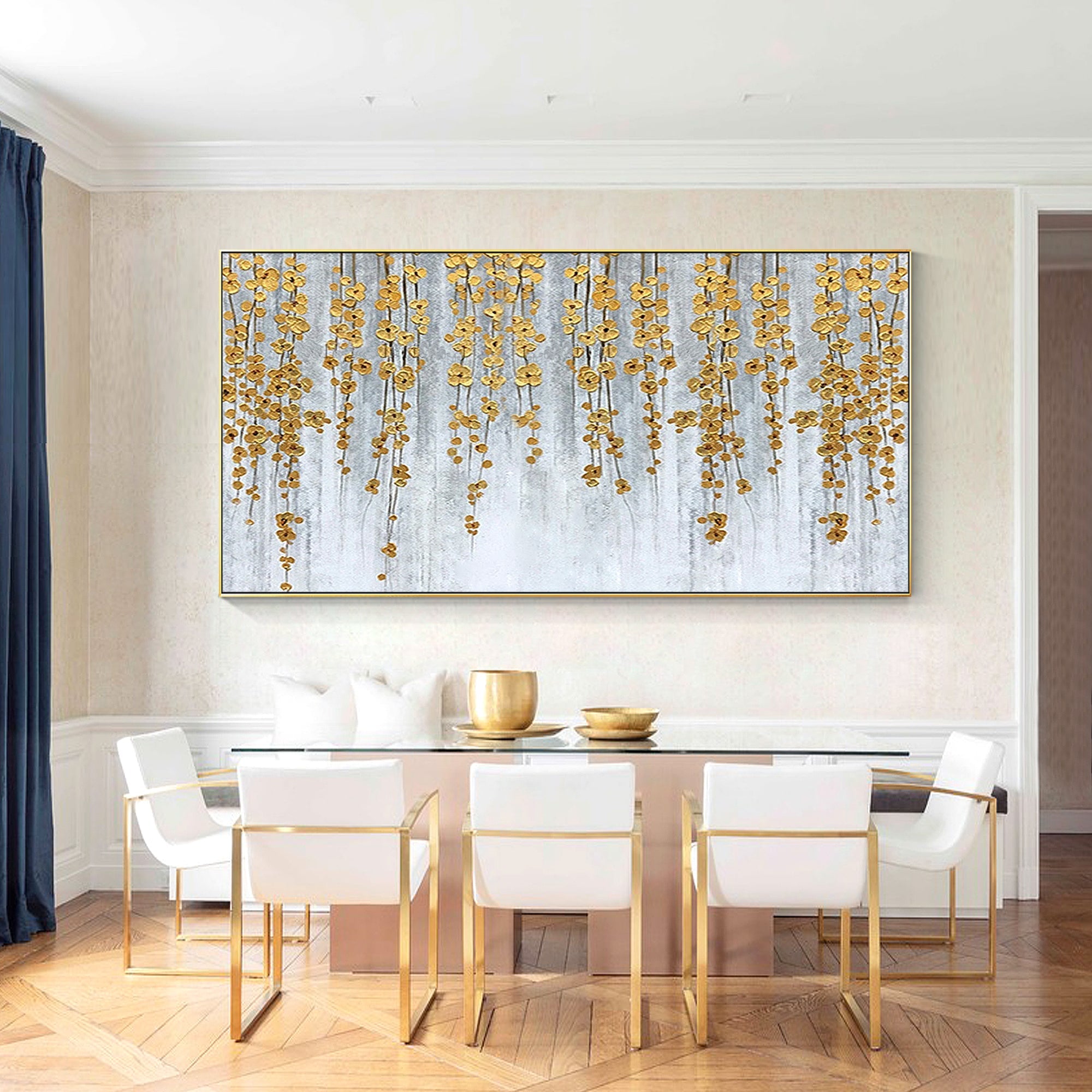 Gold flower abstract textured painting with willow-like branches