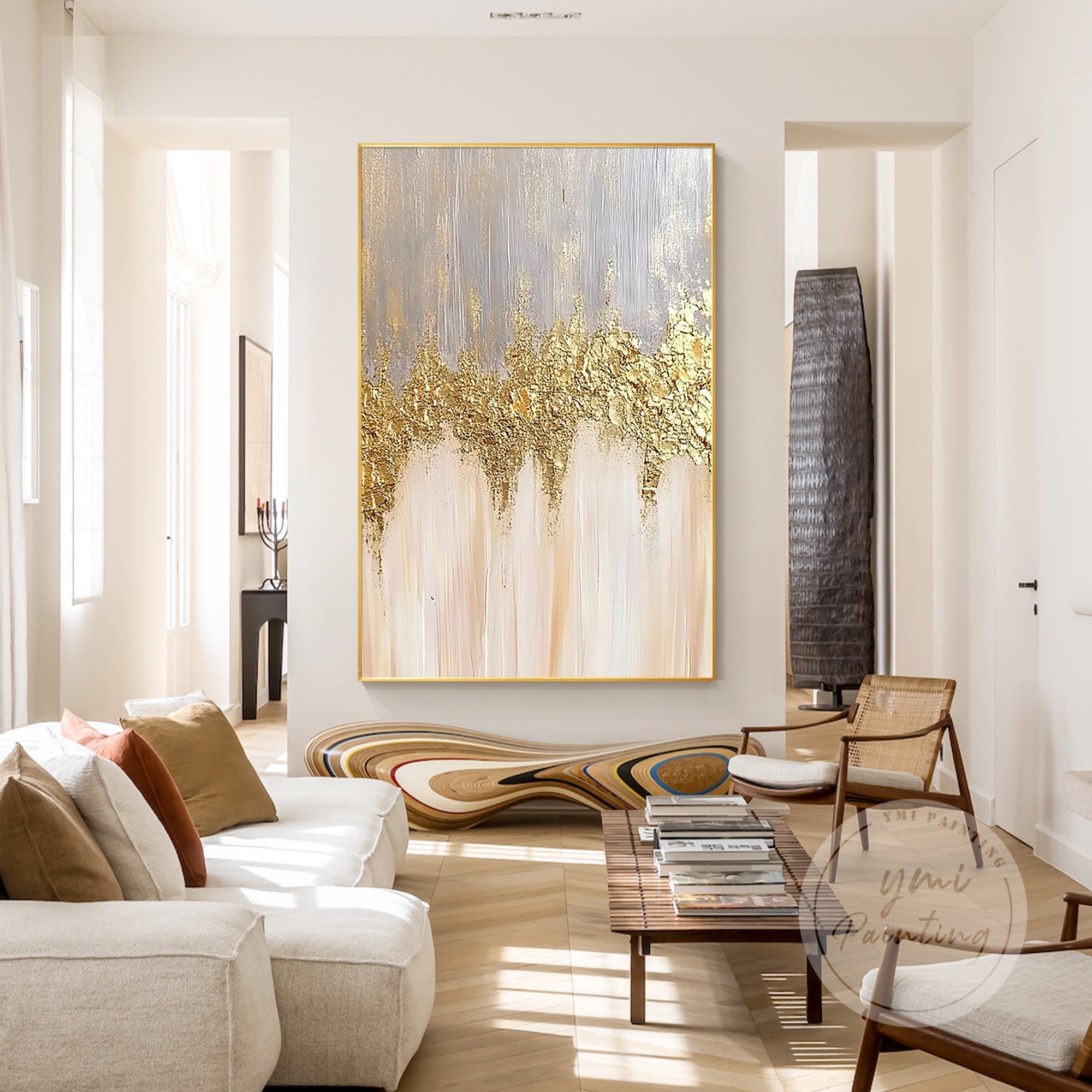 Gold abstract painting with textured metallic details.