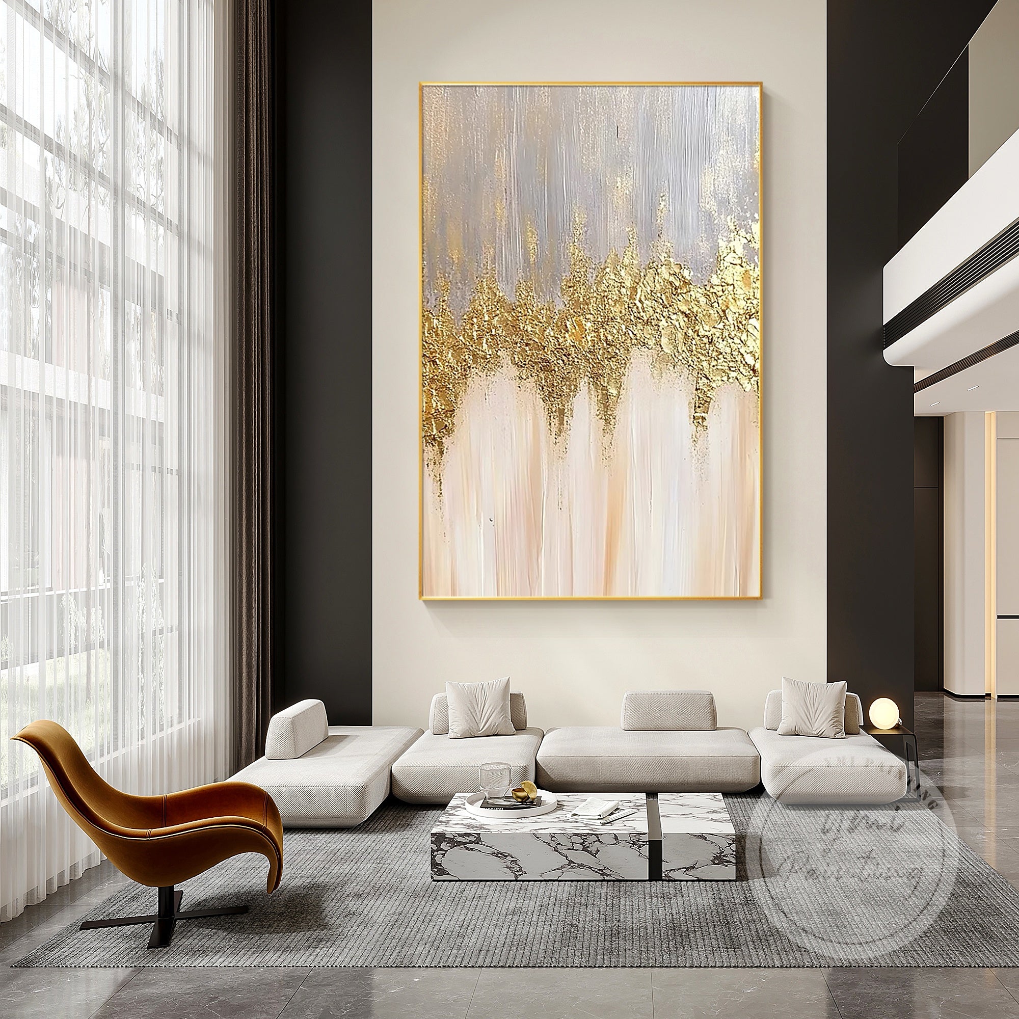 Statement canvas painting with layered gold textures in a silver frame.