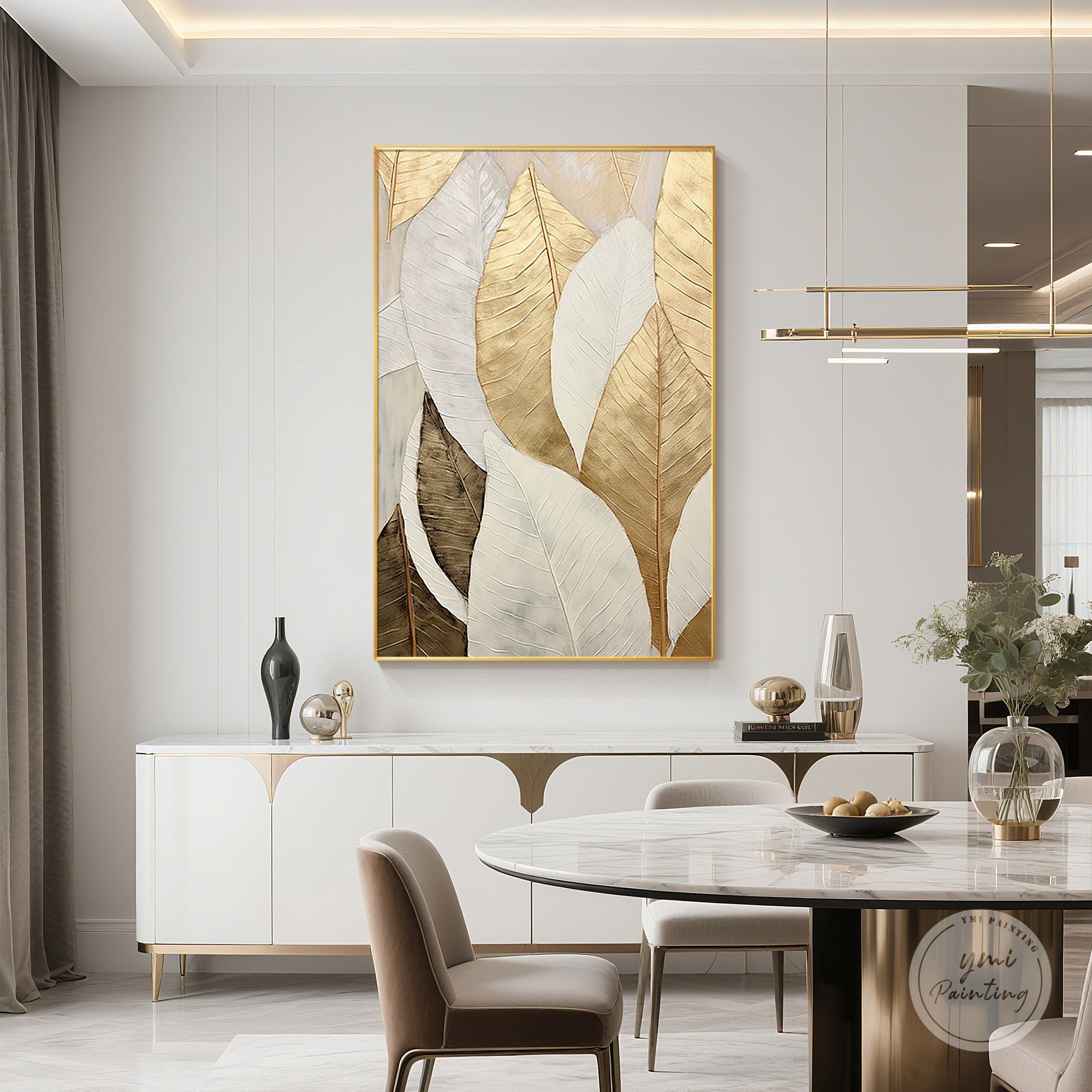 Minimalist botanical canvas painting hung in a dining room setting
