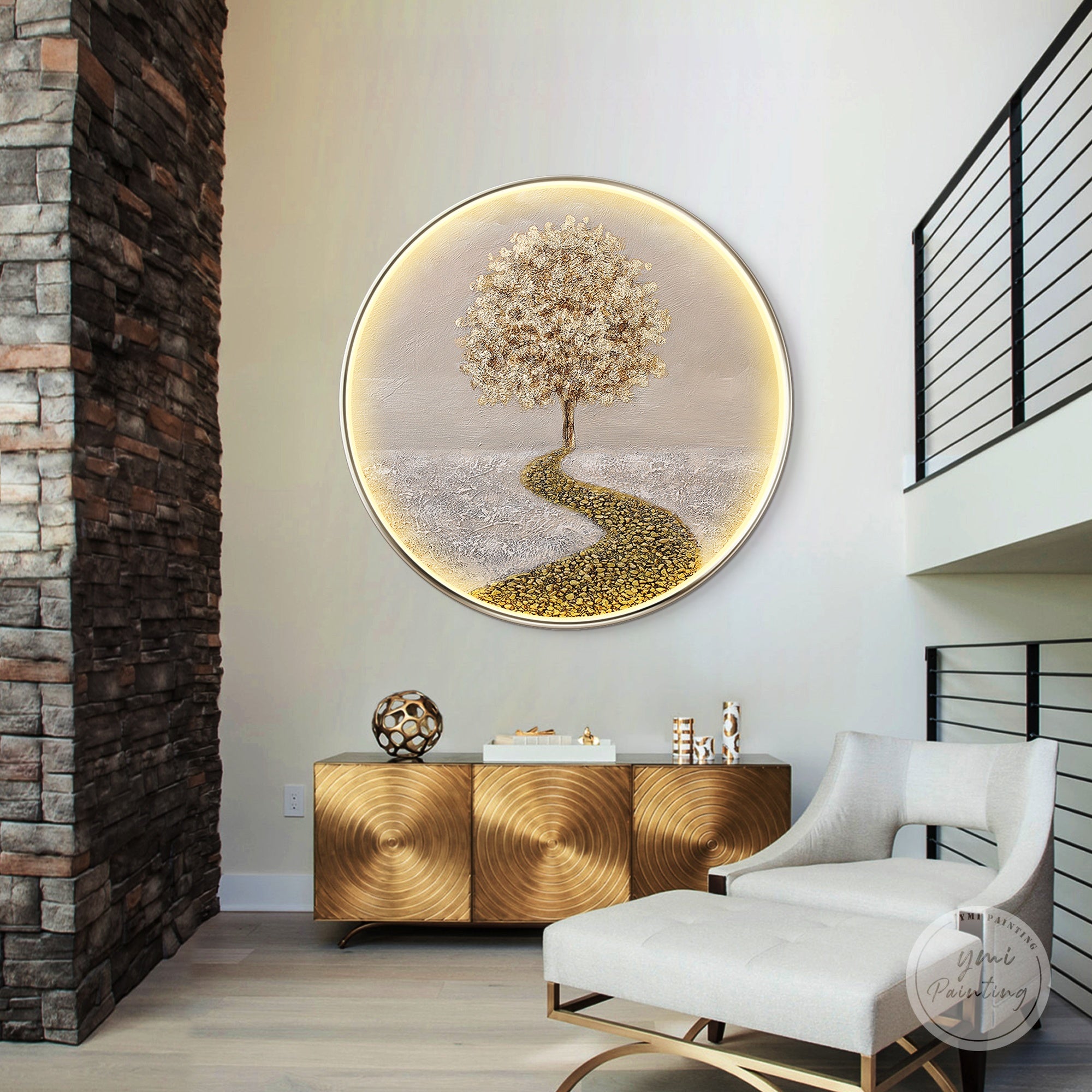 Gold leaf tree LED wall art with crystal stone accents displayed above a sideboard