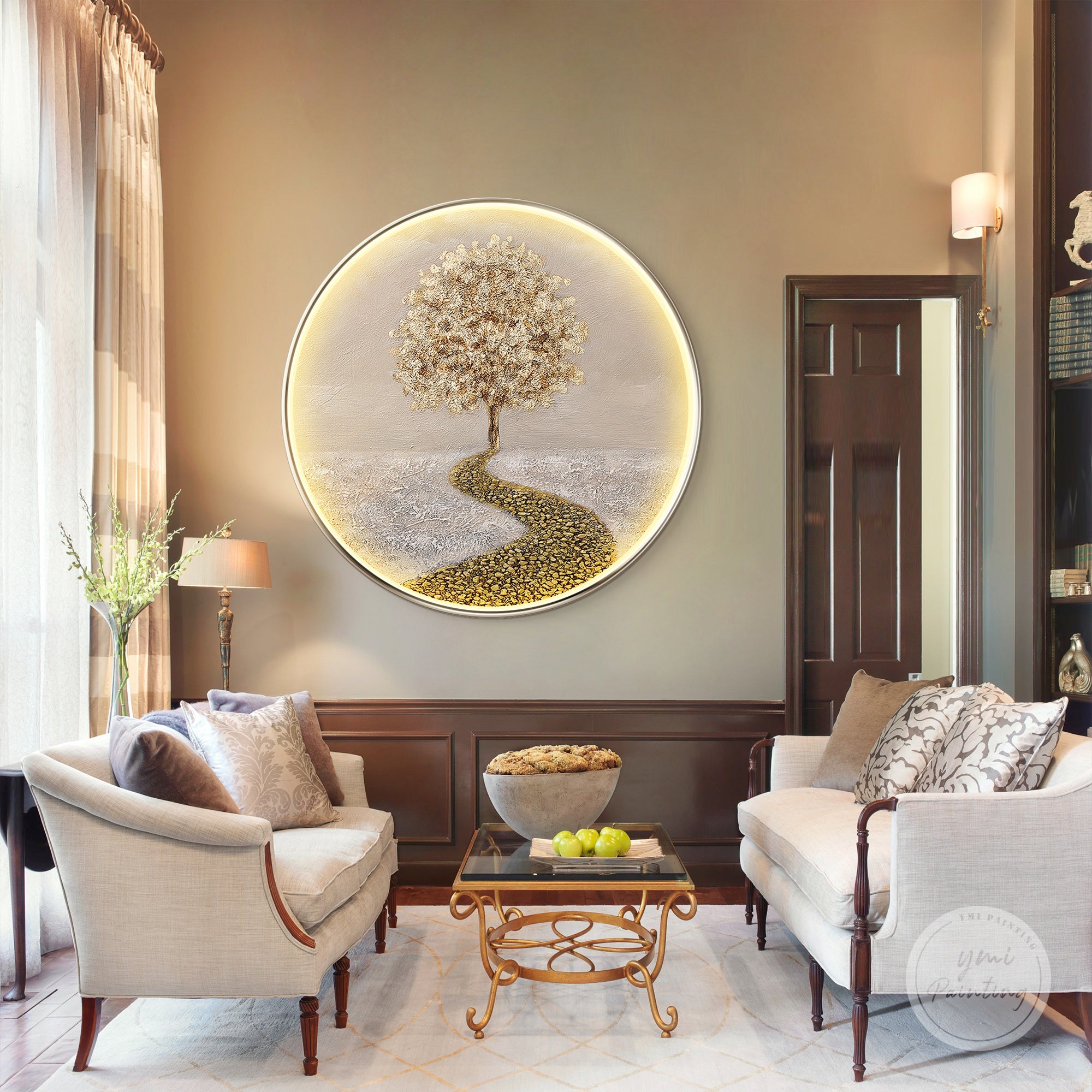 Circular gold leaf tree LED wall art with crystal stone details displayed in a modern living room