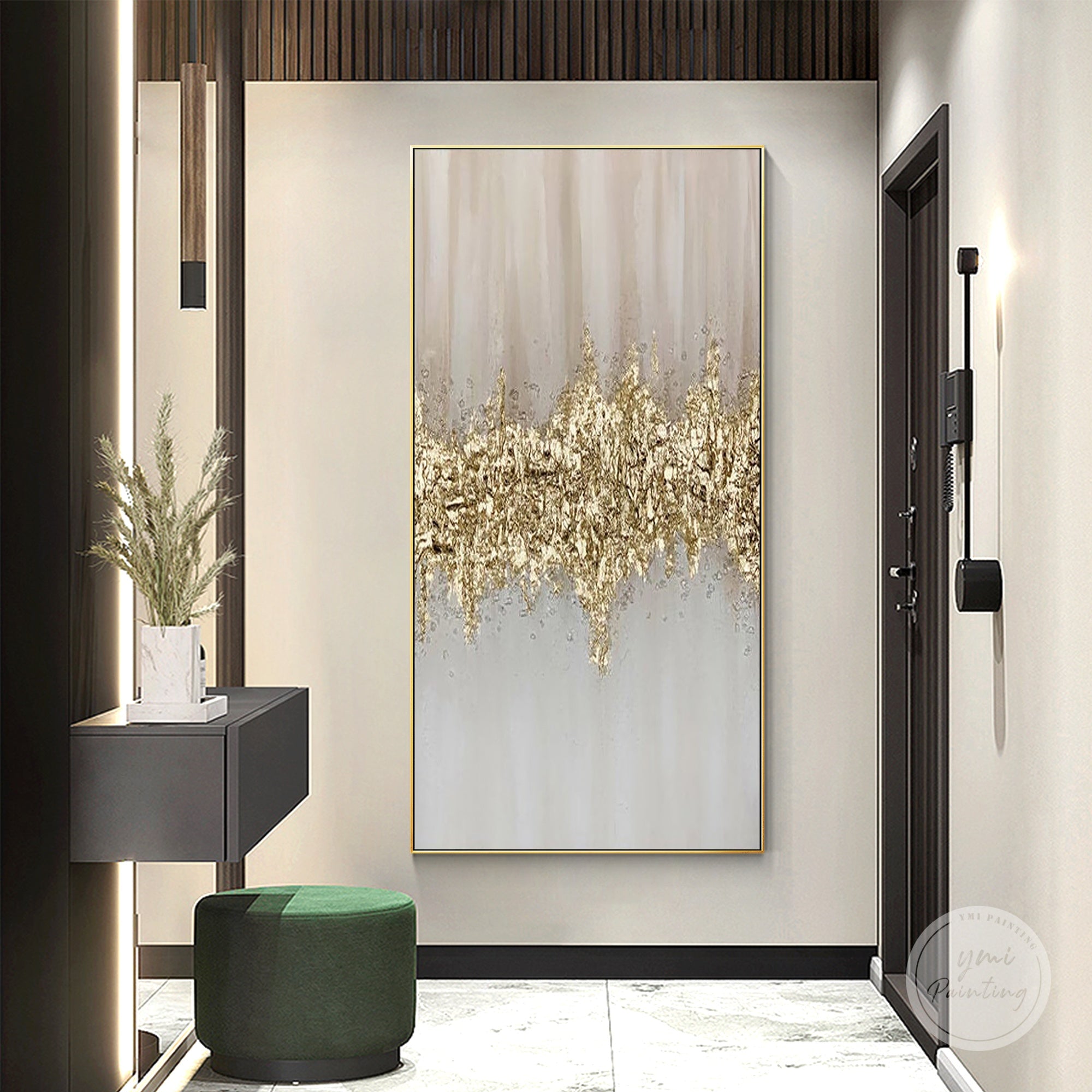 Gray and gold wave texture abstract acrylic painting displayed in a modern entryway
