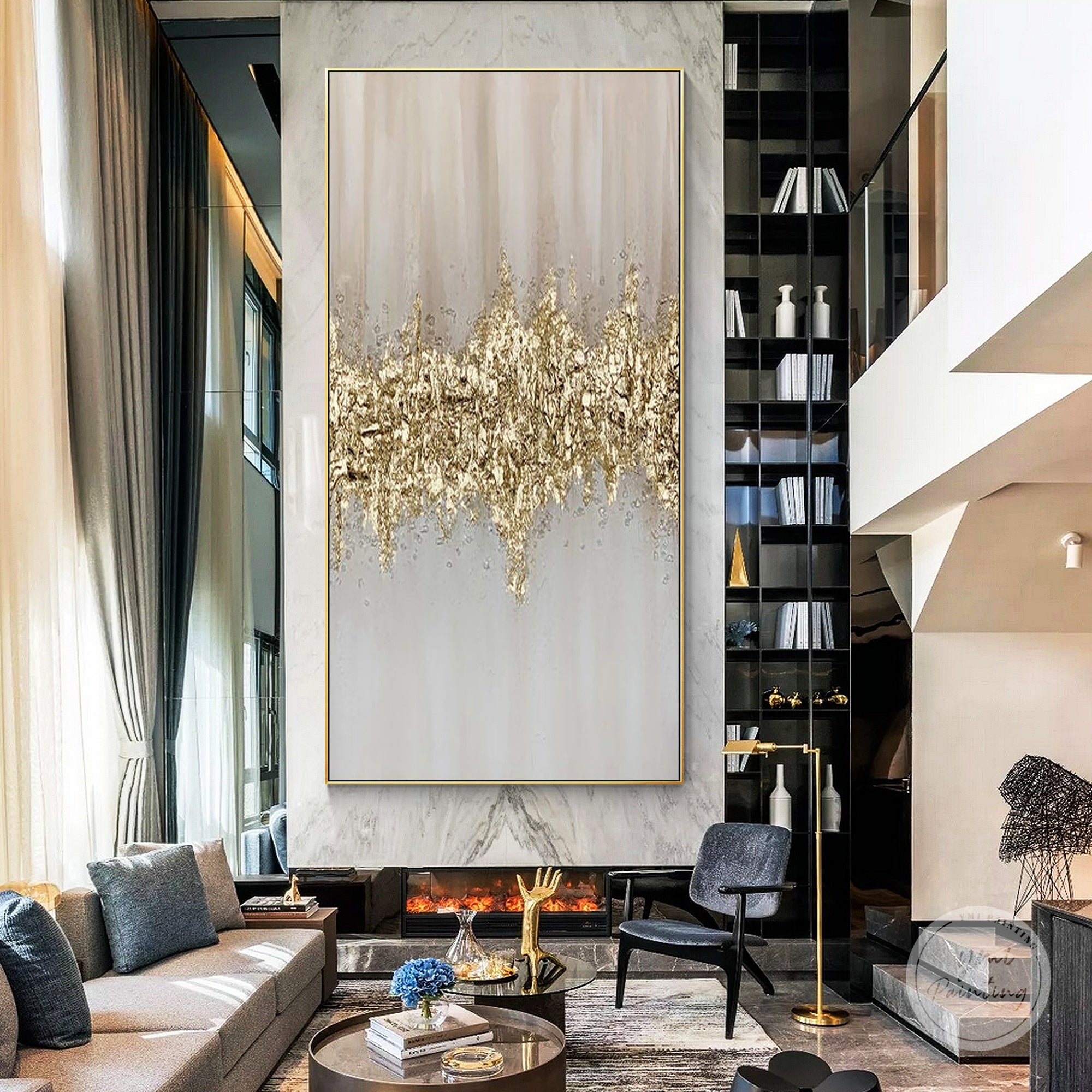 Gray and gold abstract wave texture acrylic painting displayed in a modern living room