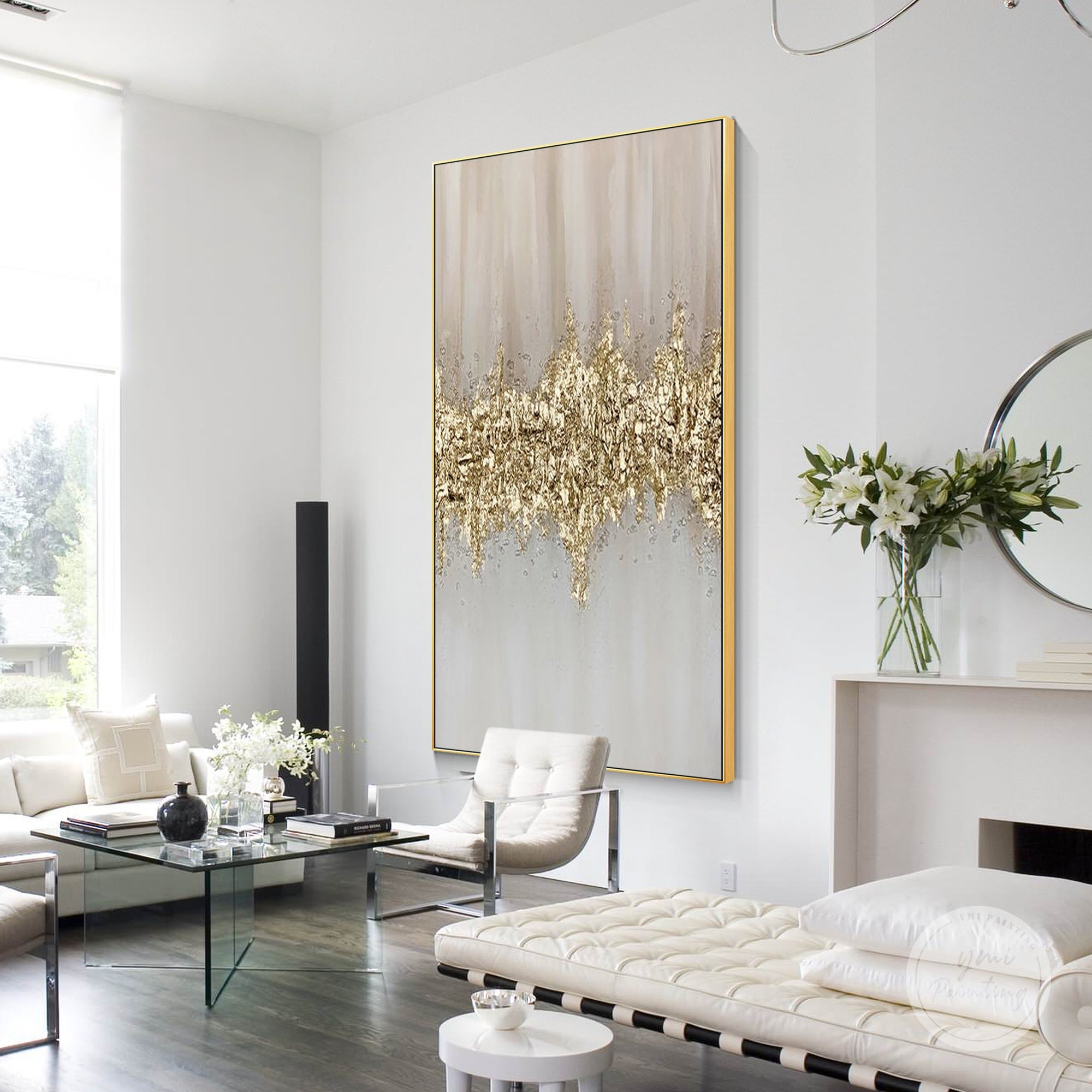 Framed gray and gold wave texture abstract painting styled in a contemporary living room