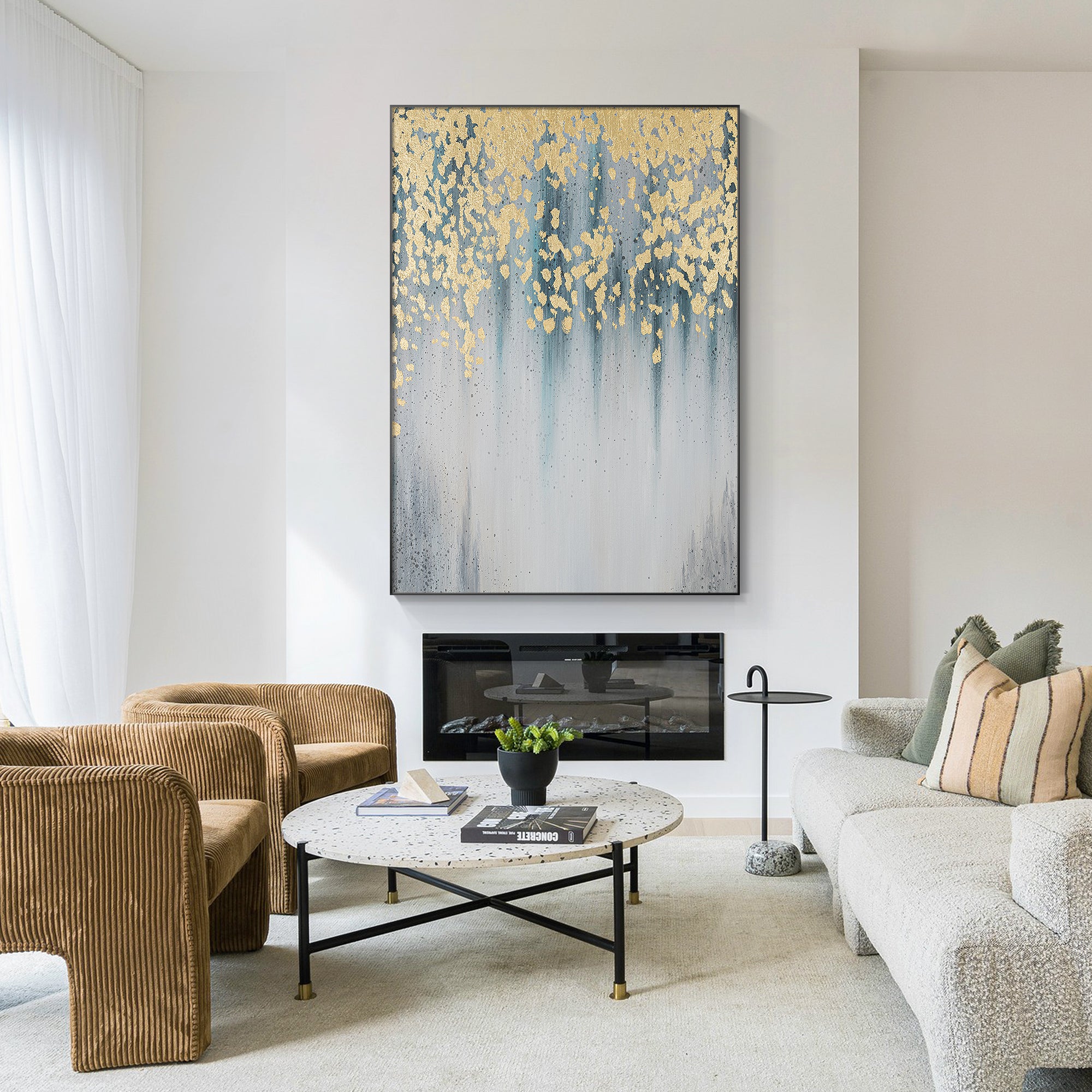 Abstract painting with golden rainfall, blue-gray gradients, and water droplets in a fabric style living room.