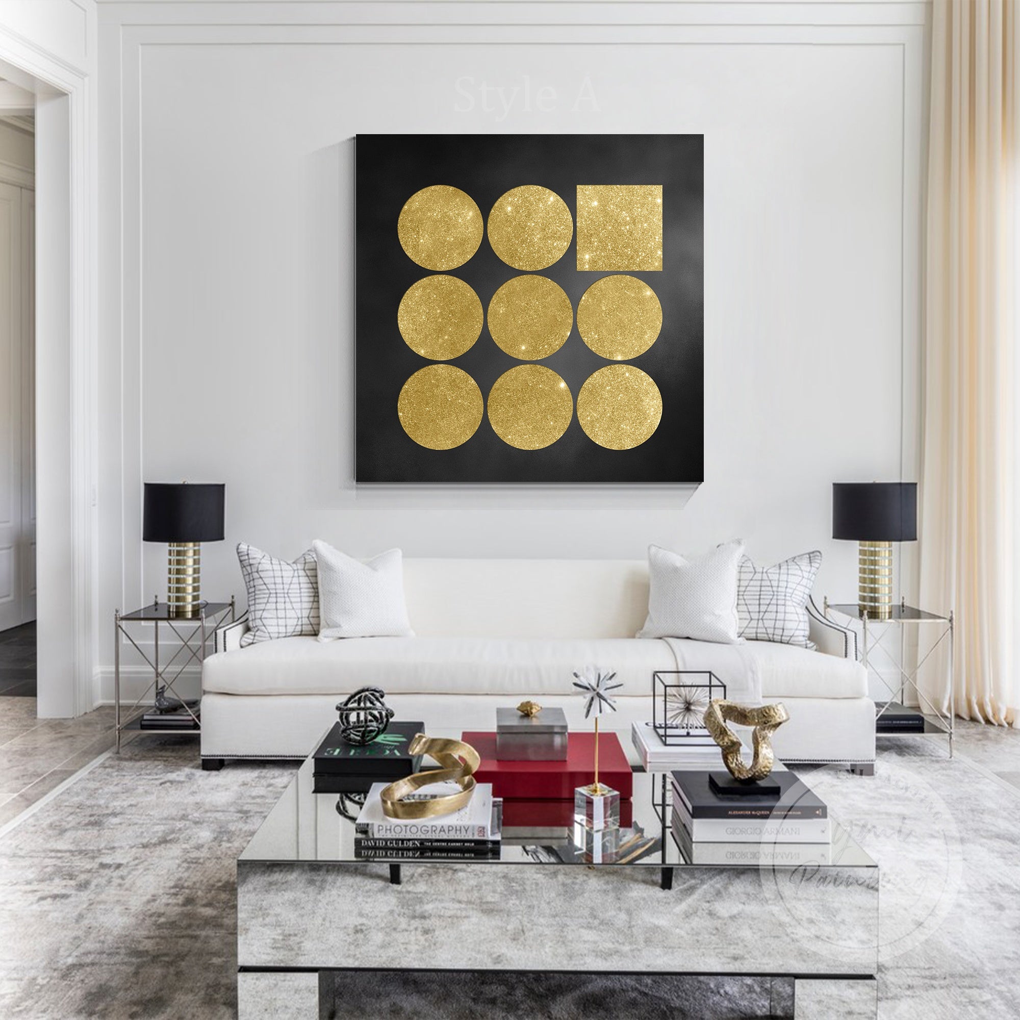 Golden glitter geometric circles on black background.