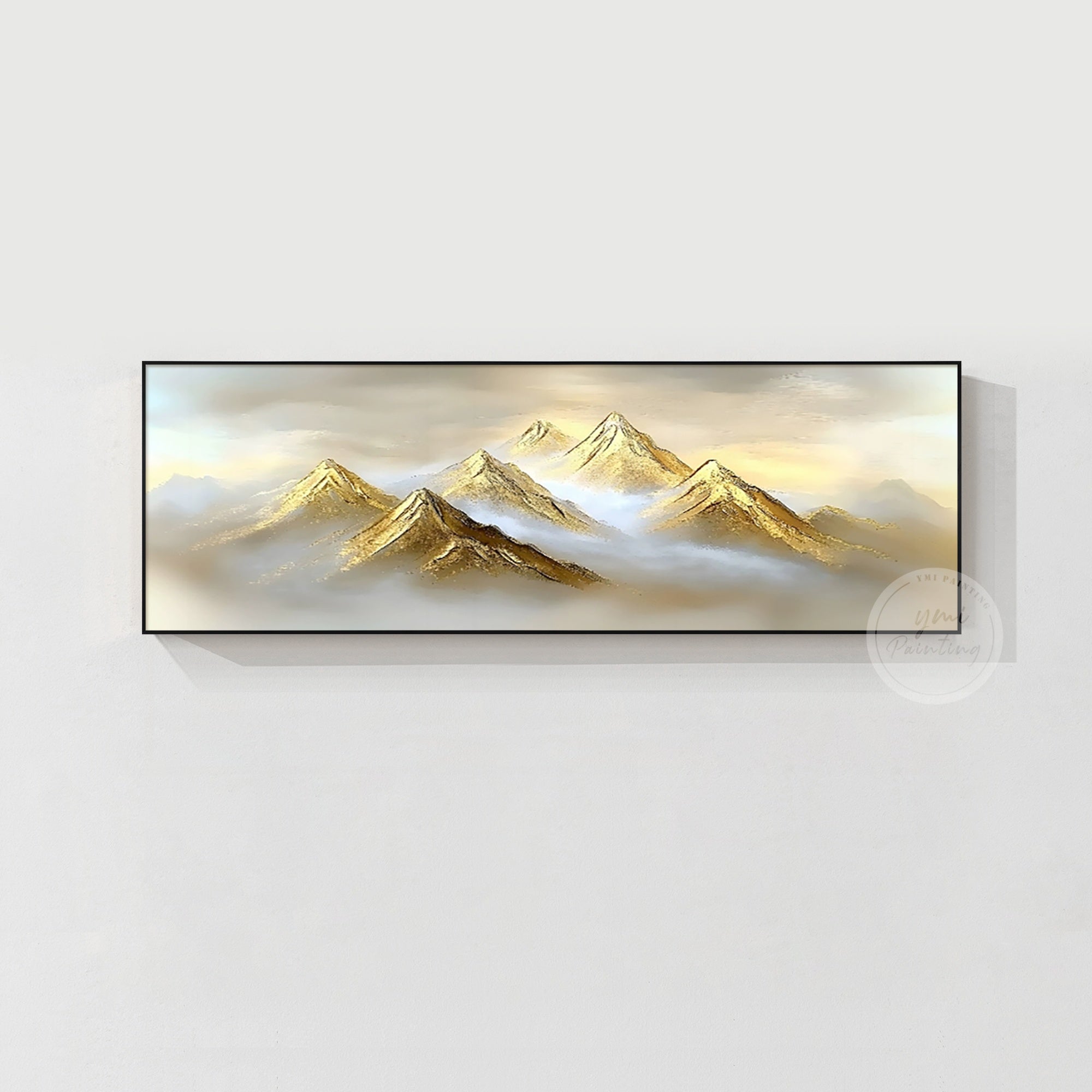 Golden mountain wall art with textured gold surface displayed in a modern living room, luxury gift for art lovers