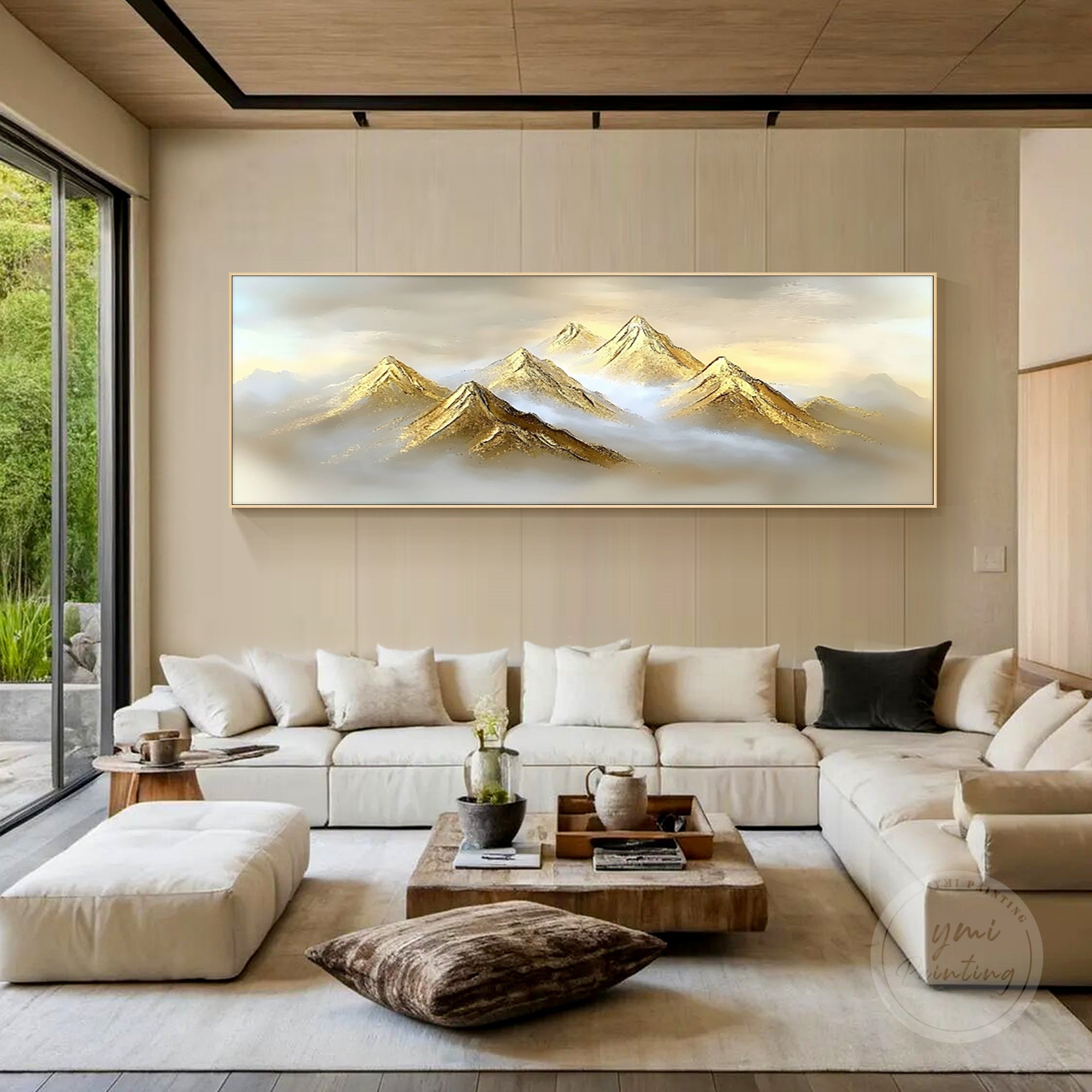 Abstract gold mountain artwork styled in a luxury bedroom, refined gift for couples