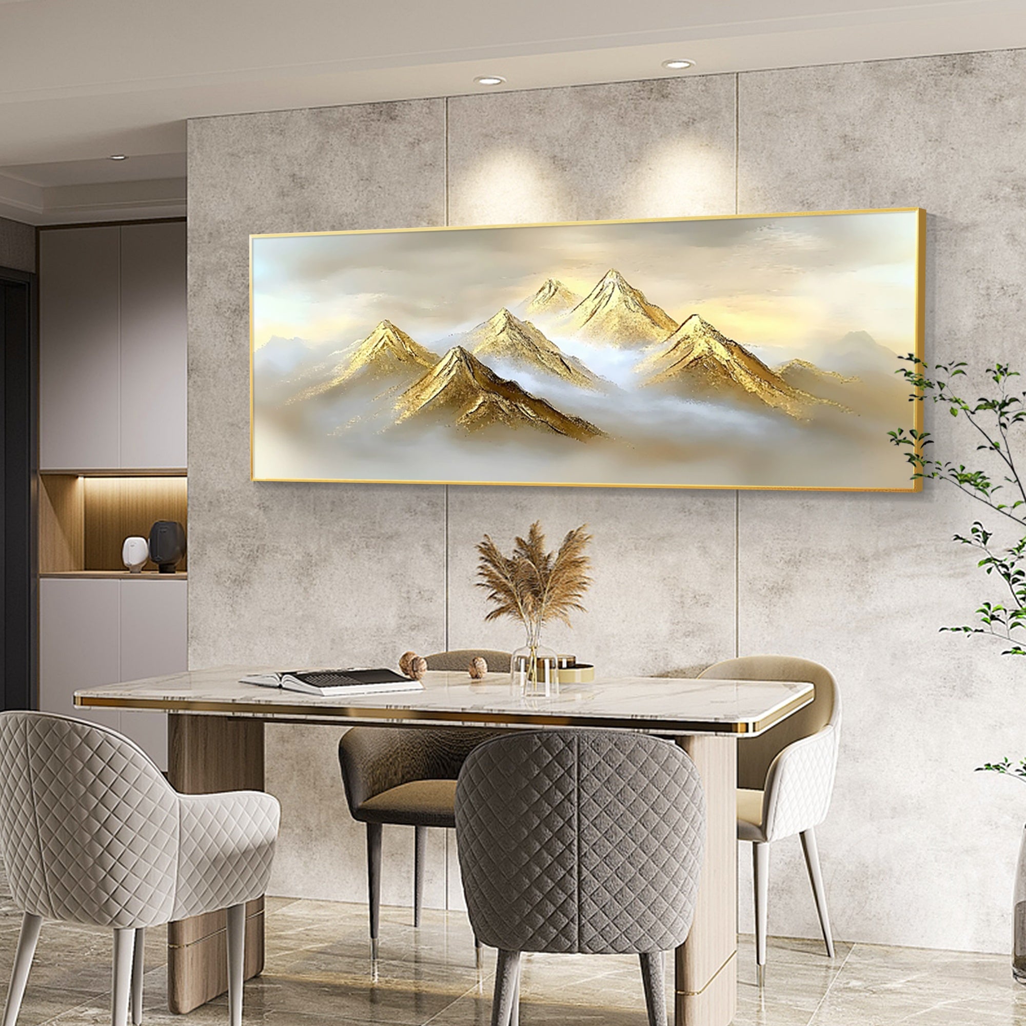 Modern gold landscape painting displayed in a contemporary living space, refined anniversary gift