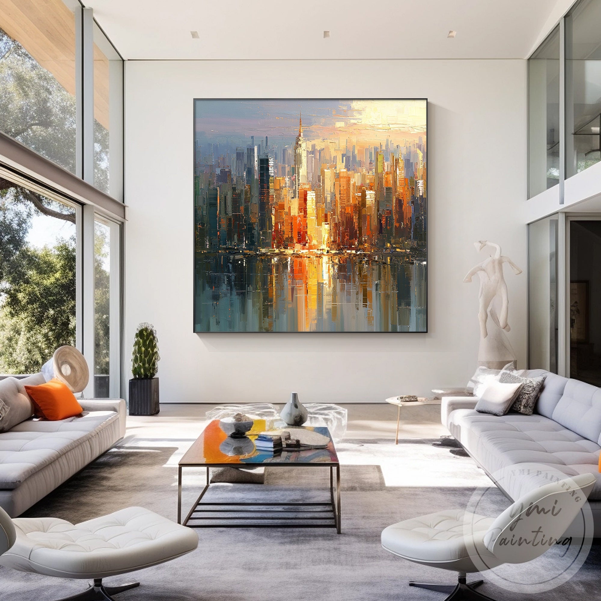 Modern urban cityscape artwork featuring illuminated skyscrapers