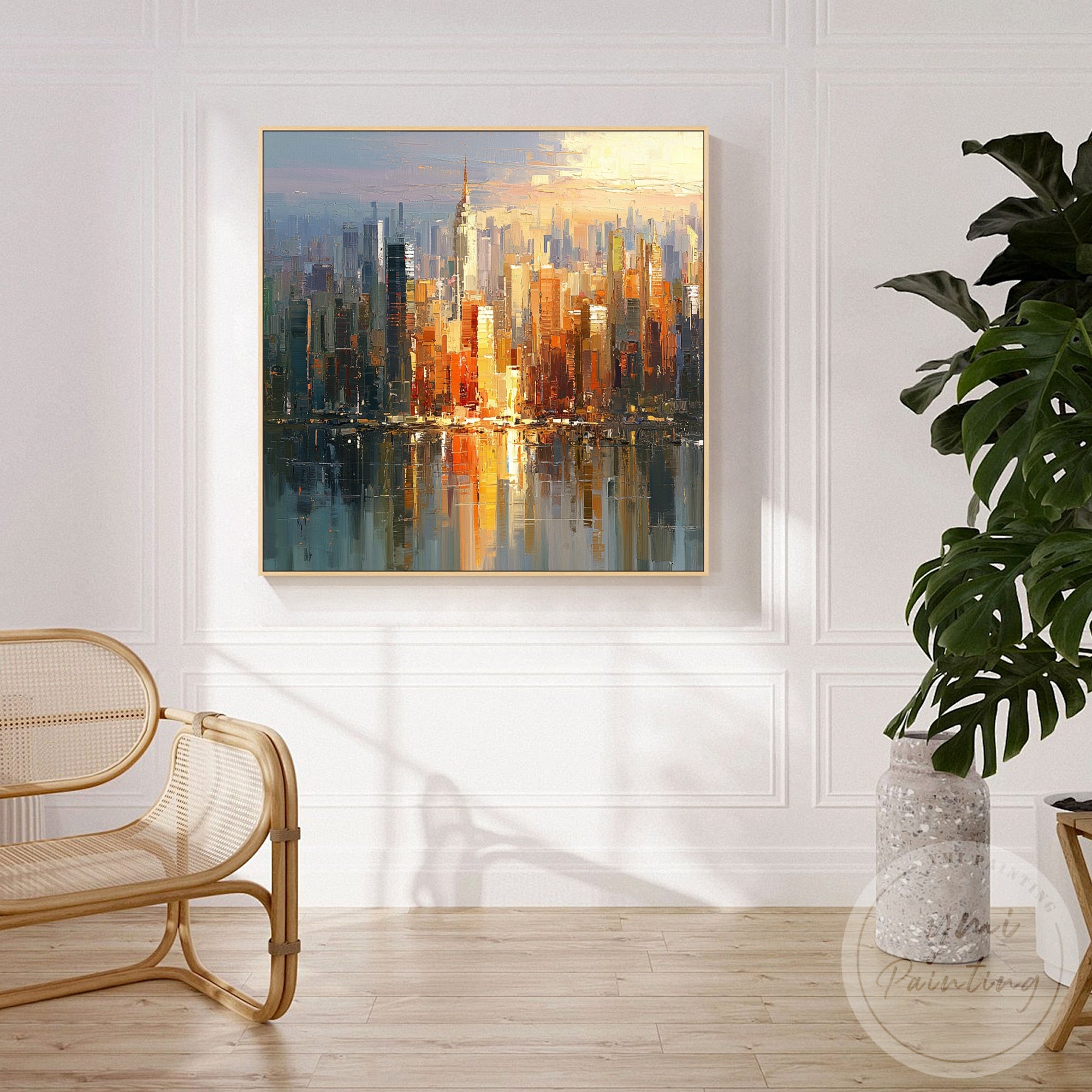Abstract metropolitan landscape painting in warm golden tones
