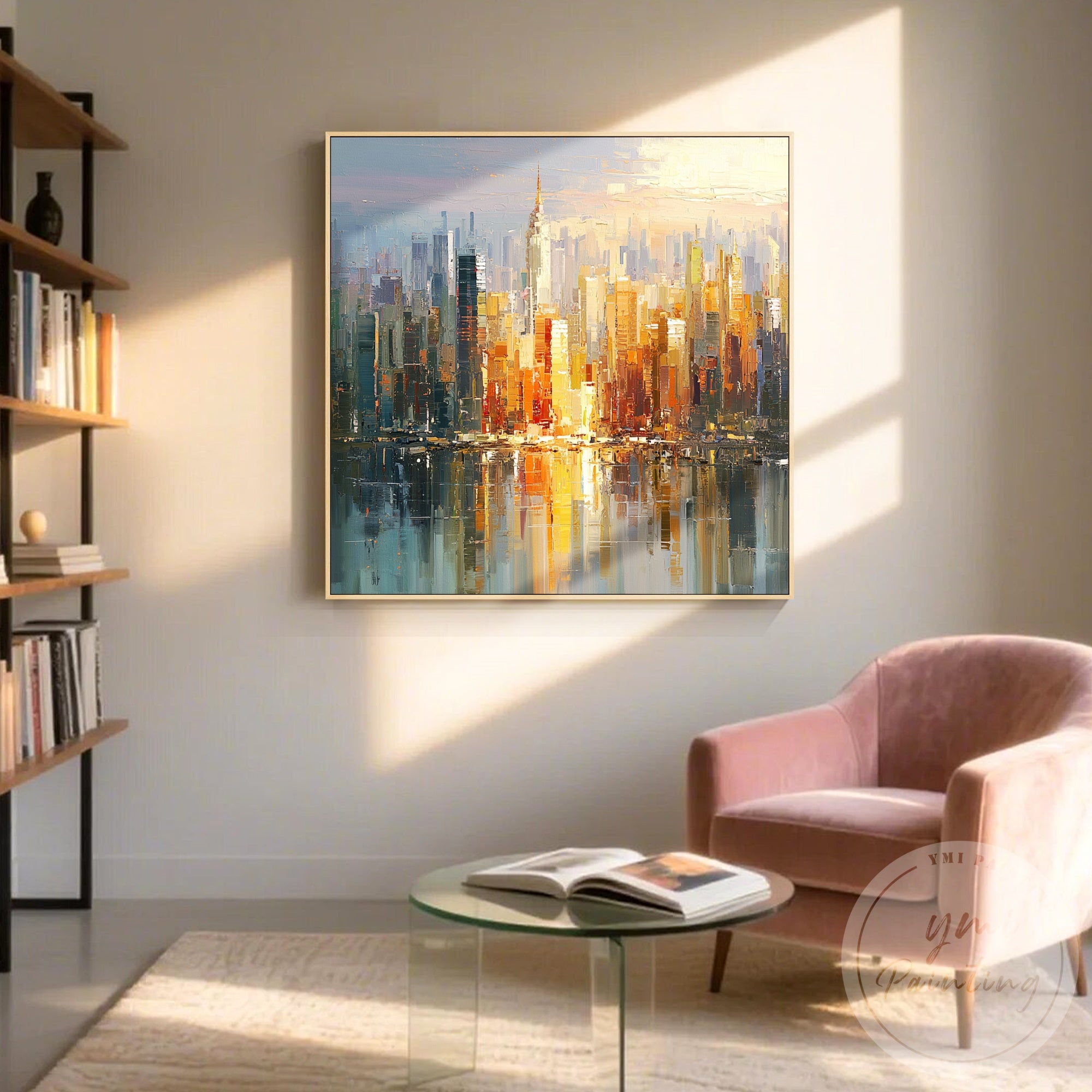 City skyline canvas art with reflective waterfront composition
