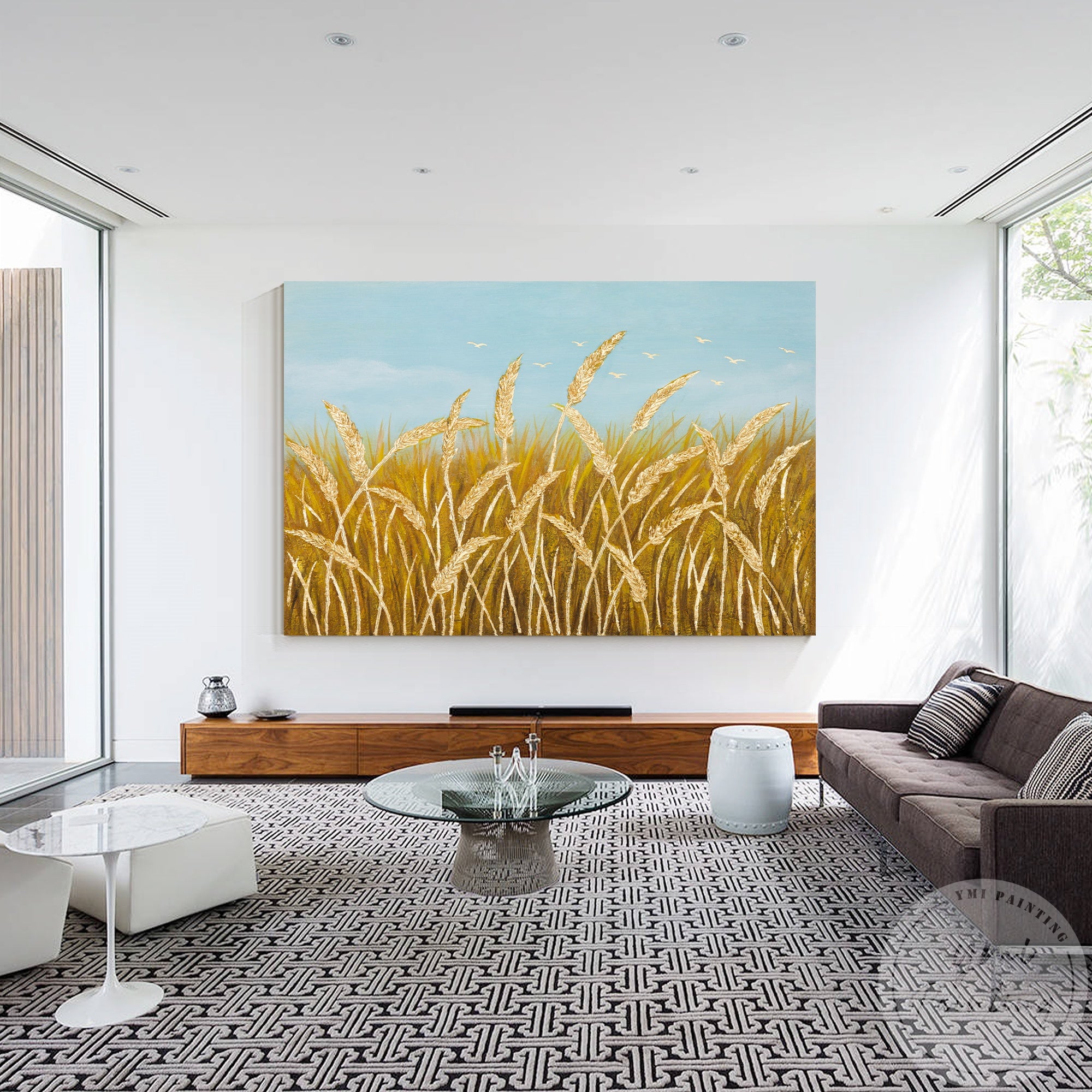 Golden wheat wall painting for cozy living room.