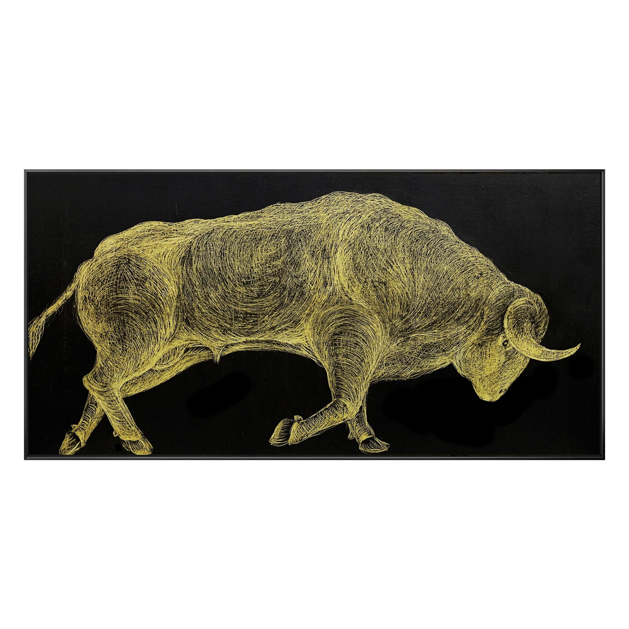 Golden bull art with black background for a sophisticated bedroom