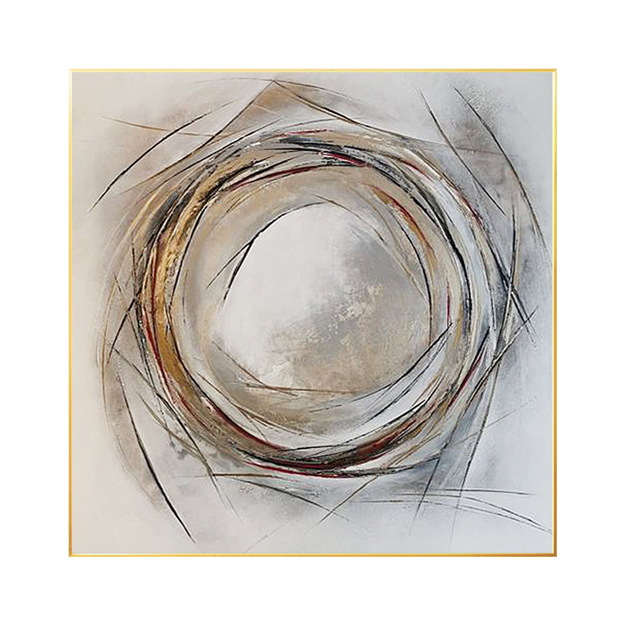 Square abstract painting with layered circular line patterns in gray and beige tones