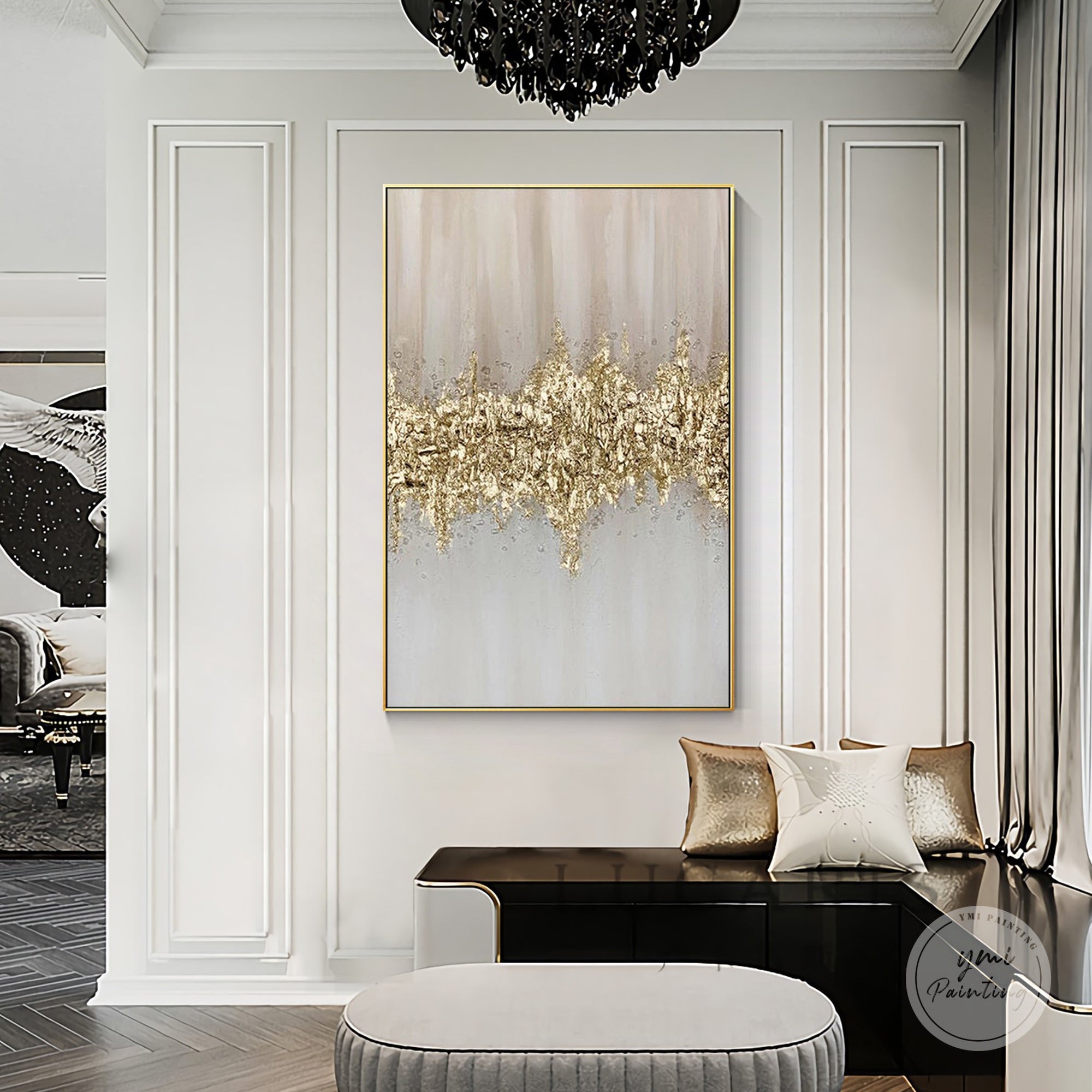 Framed gray and gold wave texture abstract painting styled in a contemporary entryway