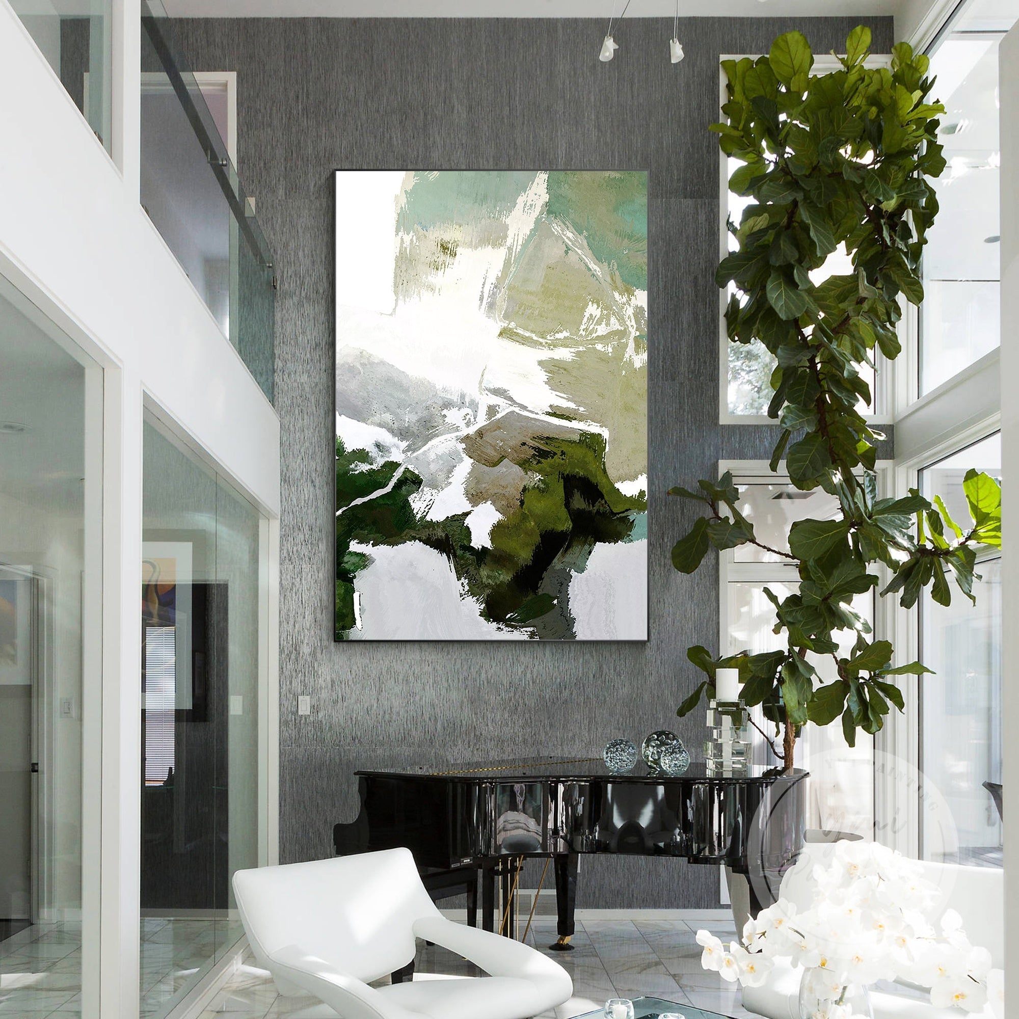Large canvas painting with soft white highlights.
