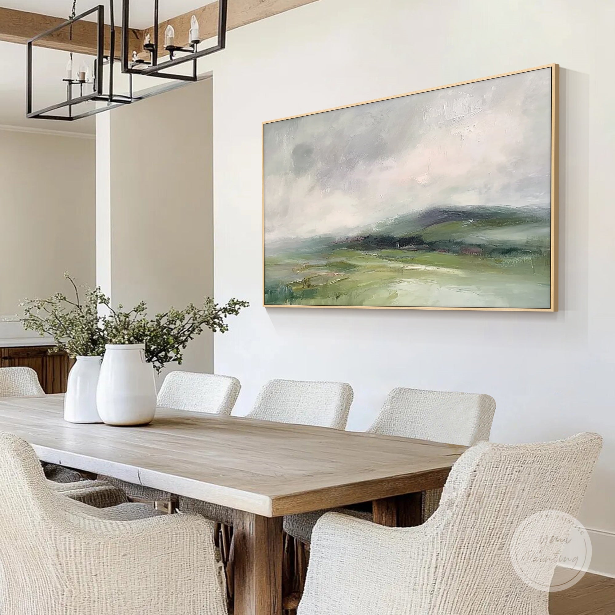 Nature inspired abstract green landscape painting styled in a modern dining room interior