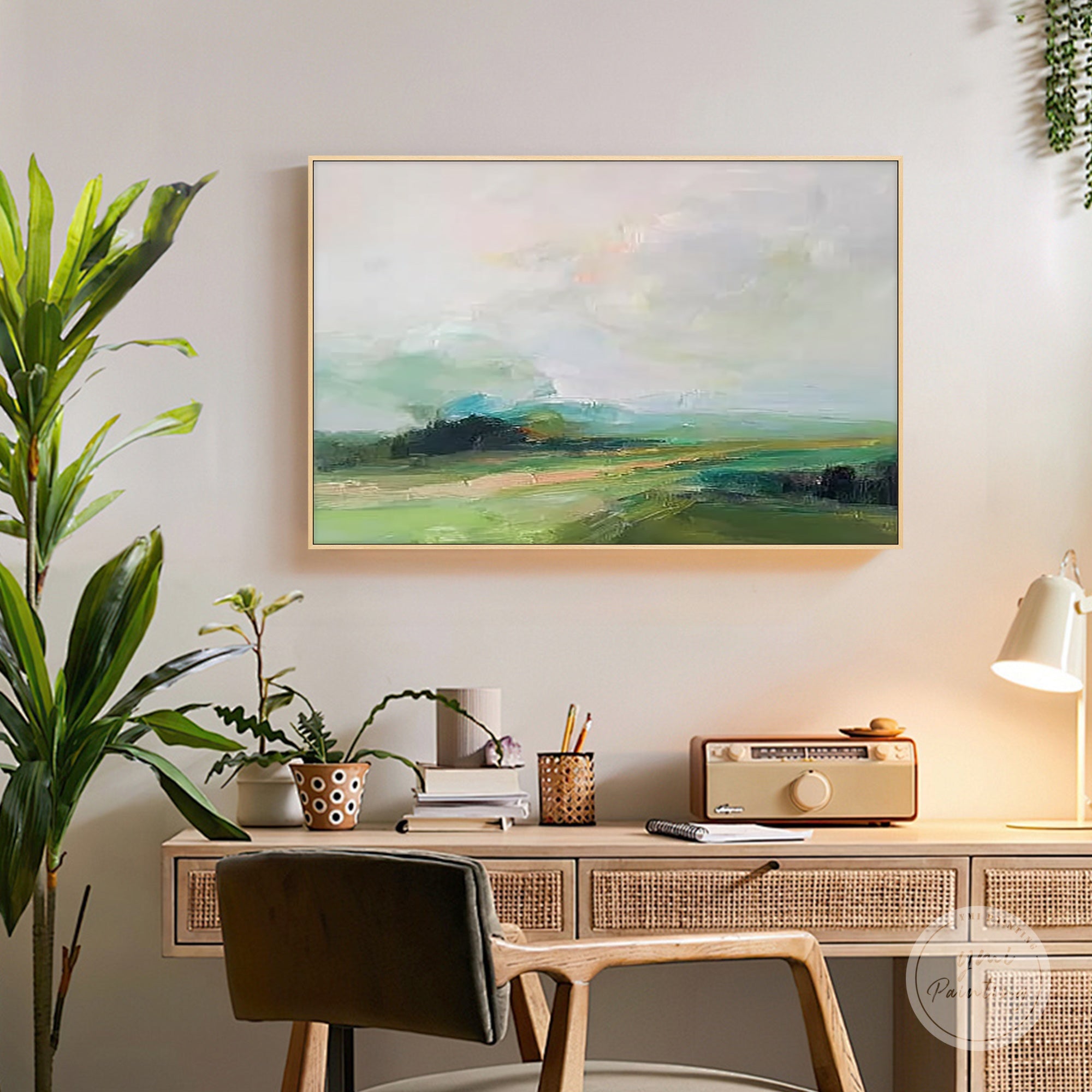 Soft green abstract landscape canvas art styled in a calm meditation or quiet corner