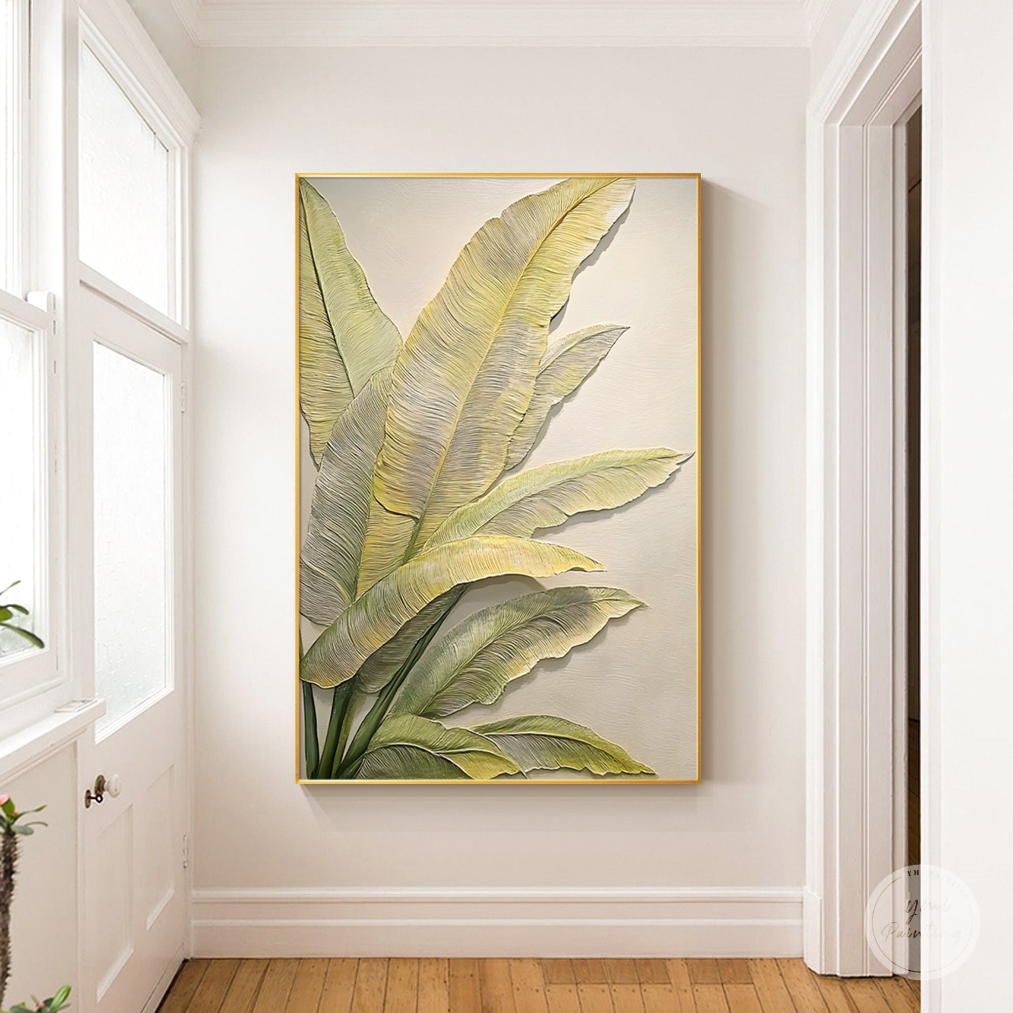Botanical leaf canvas painting decorating a residential staircase wall