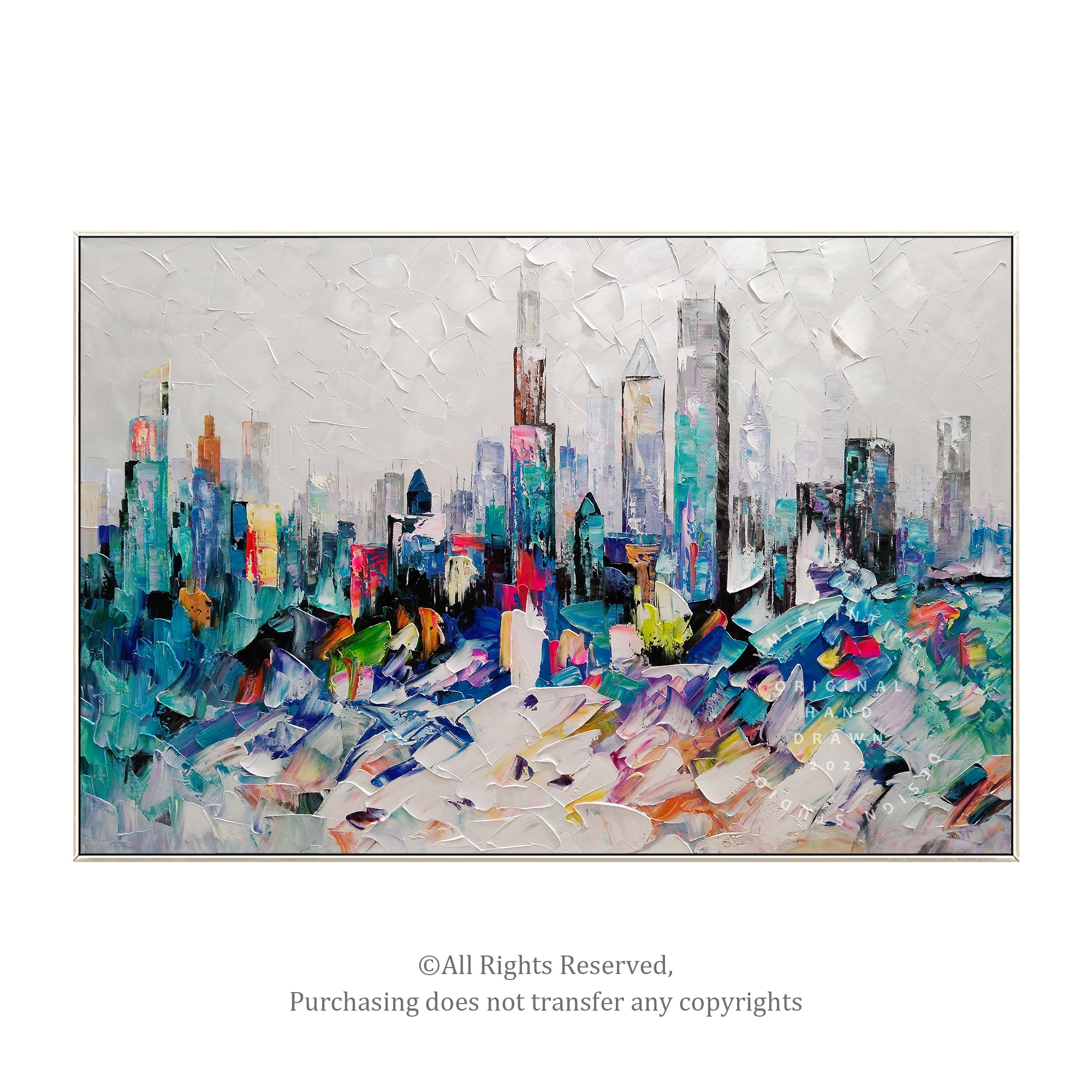 Blue abstract Chicago skyline painting with textured cityscape details, perfect for modern urban decor.