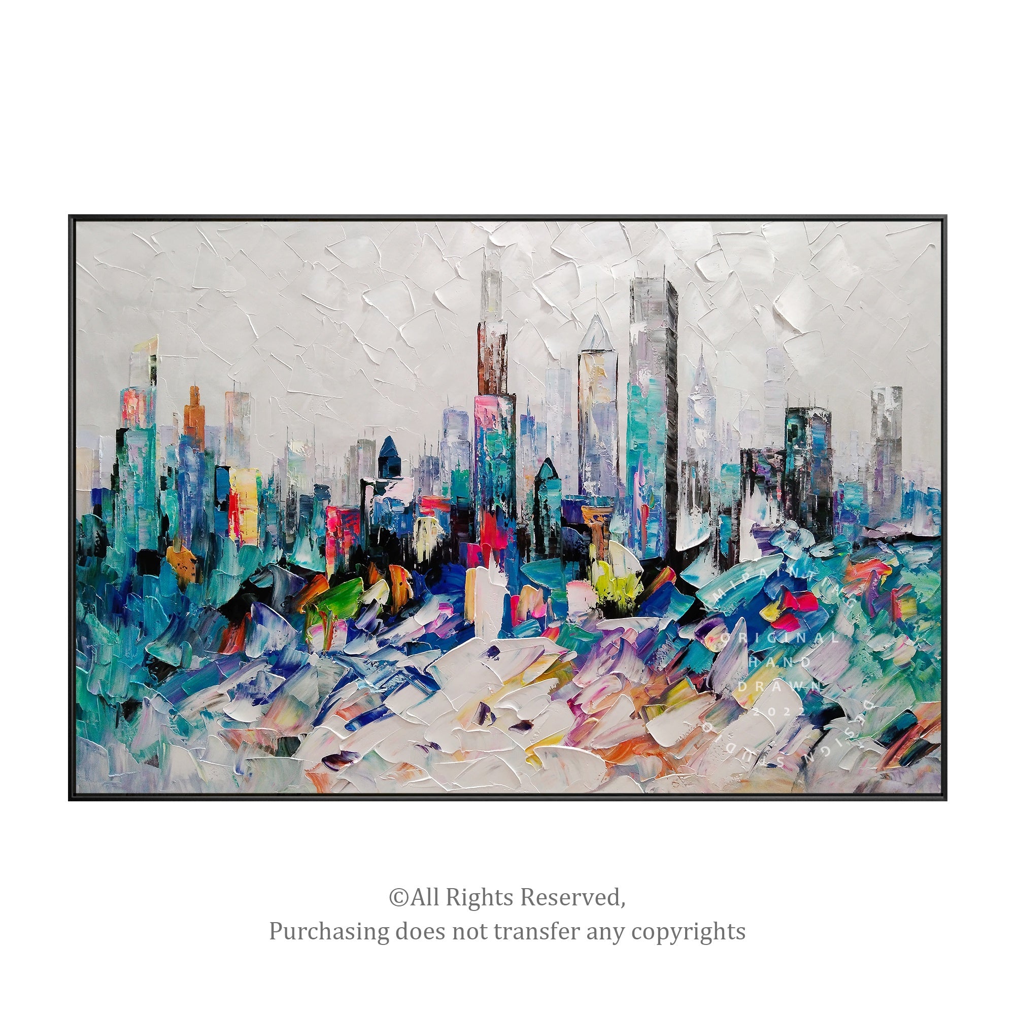Blue and textured abstract cityscape art of Chicago, bringing the city’s energy into your home or office.