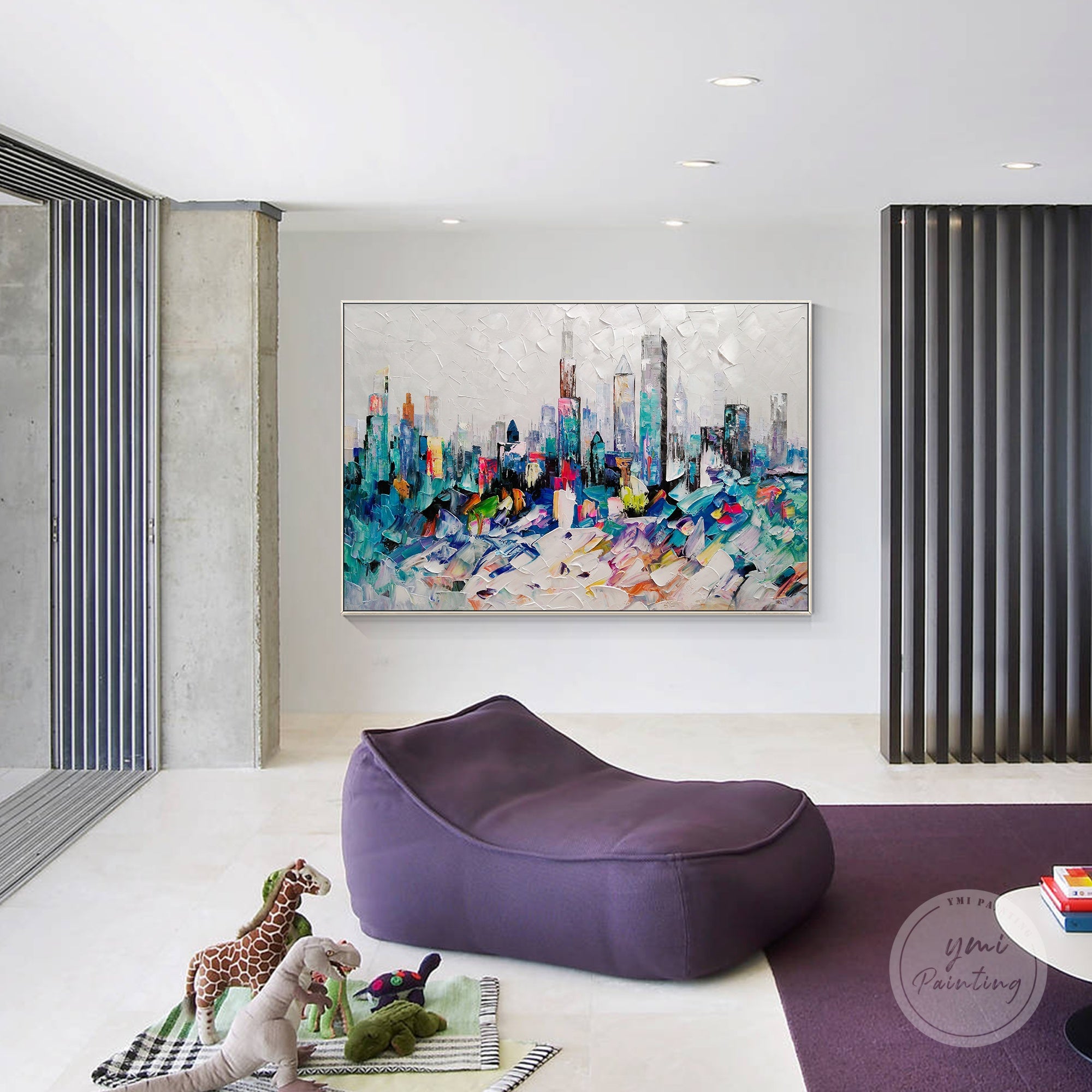 Textured Chicago skyline painting, ideal for contemporary urban wall art in living rooms or offices.