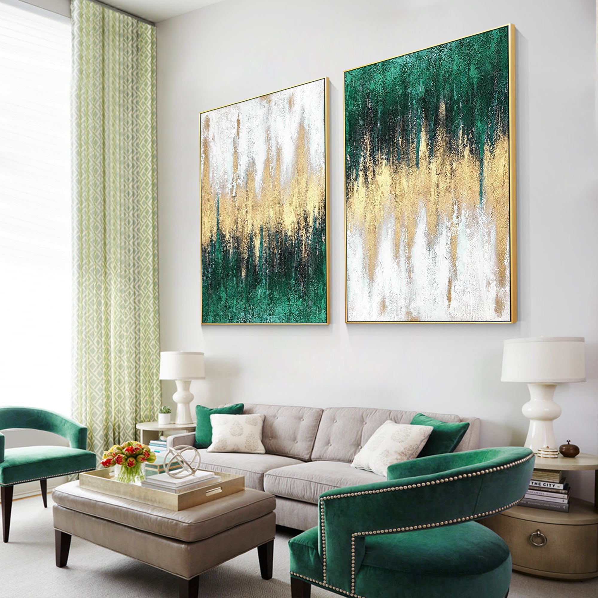 Green gold white abstract painting set of 2 displayed in a modern living room