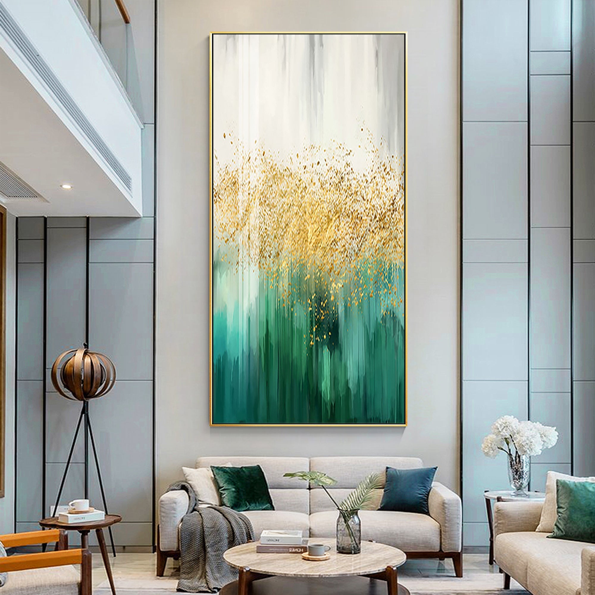 Green gold white abstract wall art displayed in a modern living room
