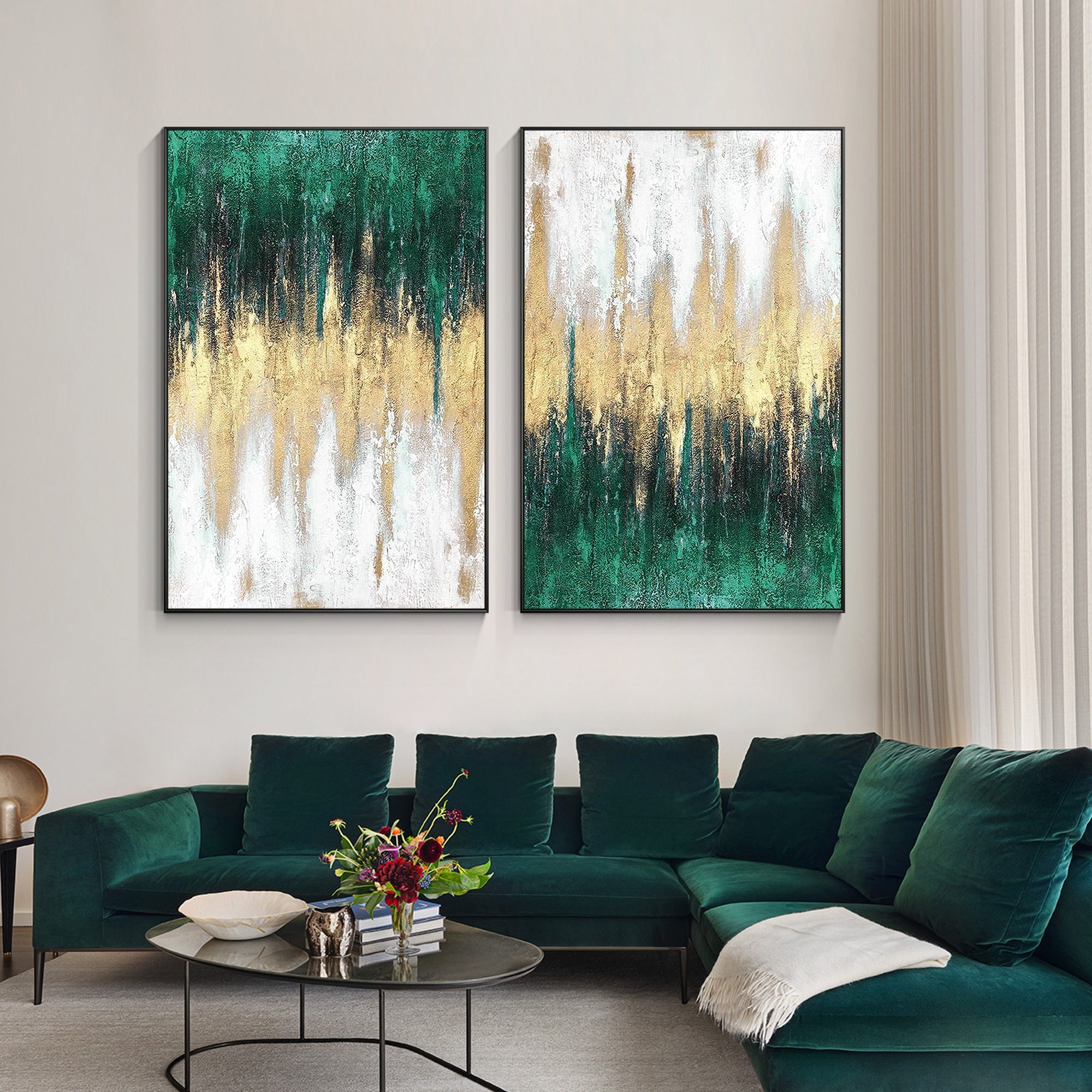 Green gold white abstract wall art set of 2 styled on a living room feature wall