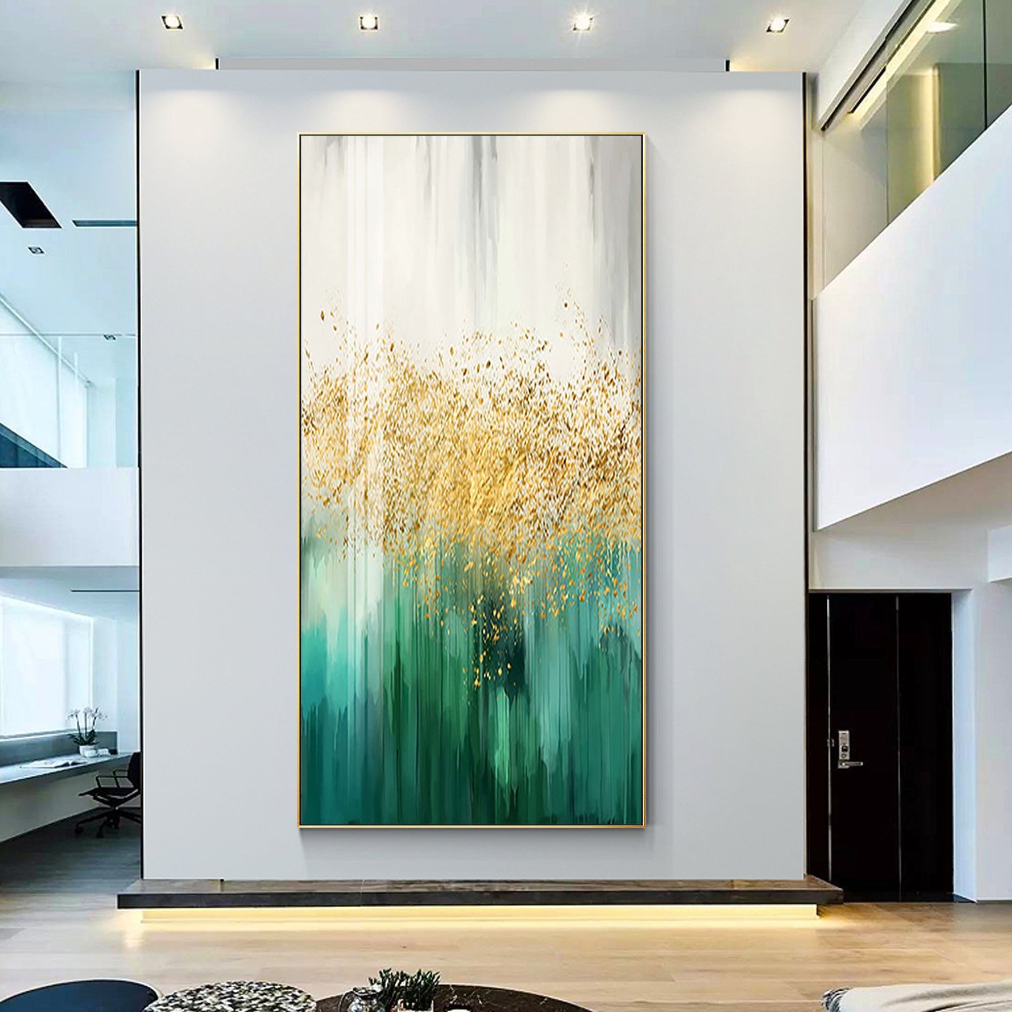 Green gold white abstract wall art on a tall corner wall in a living room