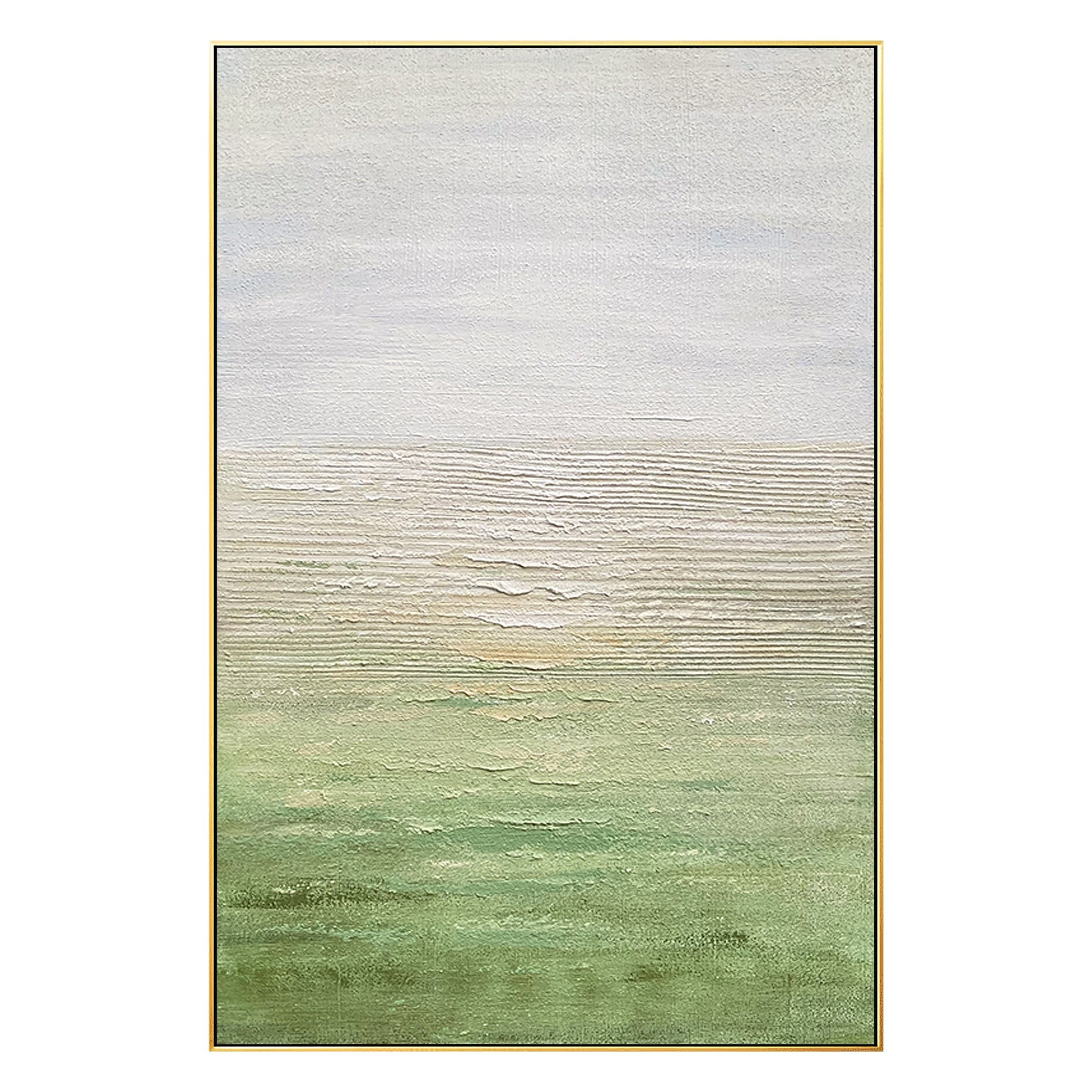 A handcrafted green abstract painting with organic flow and vibrant hues in a golden frame.