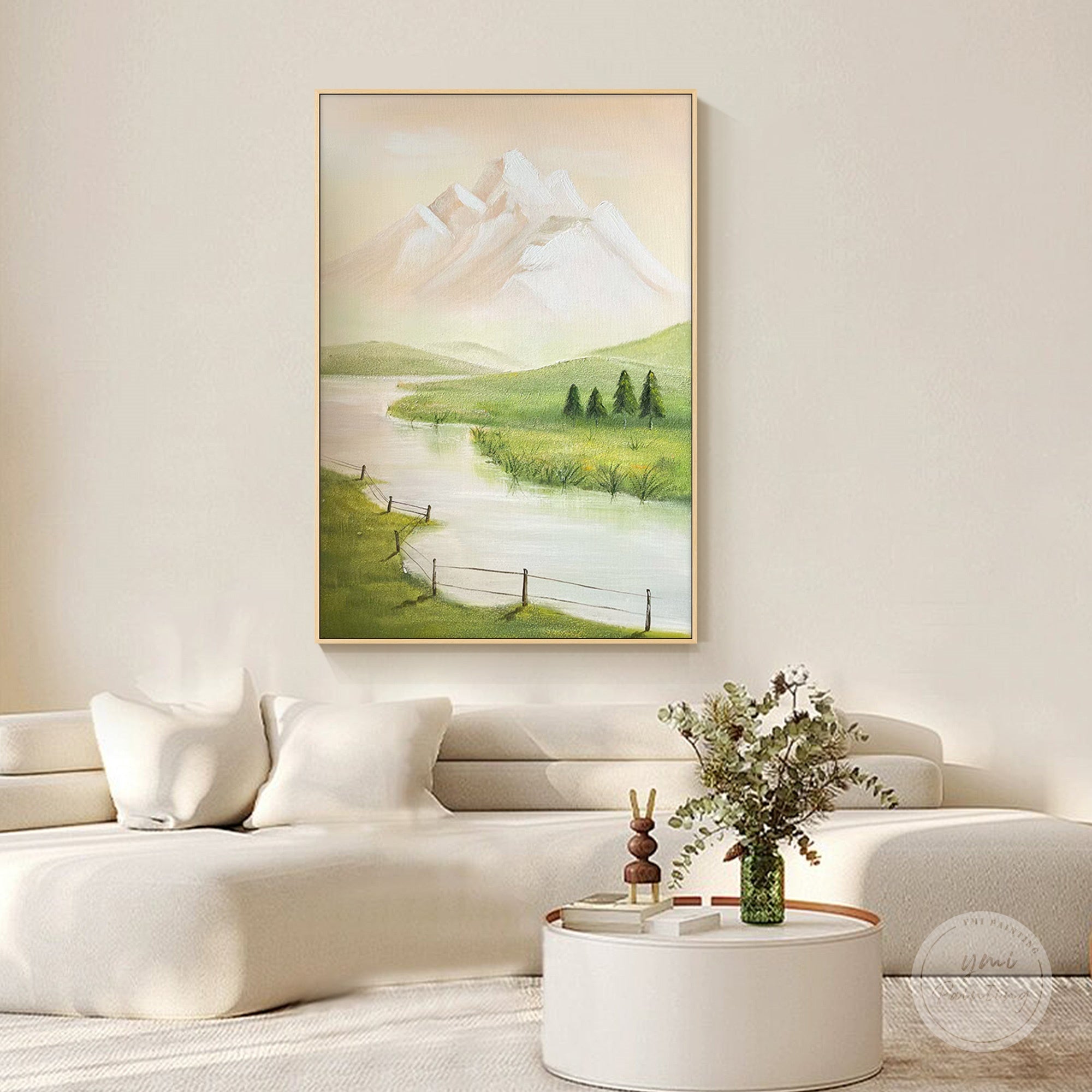 Green and gold mountain wall art with hand painted river for living room decor