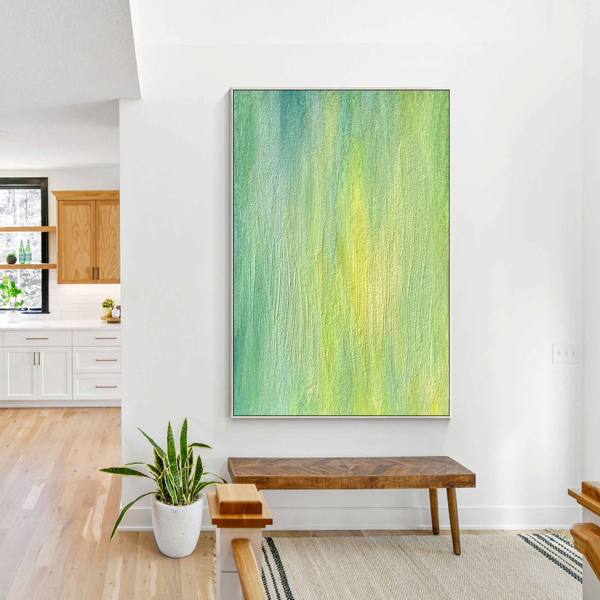 Abstract gradient wall art with green and yellow colors in an entryway
