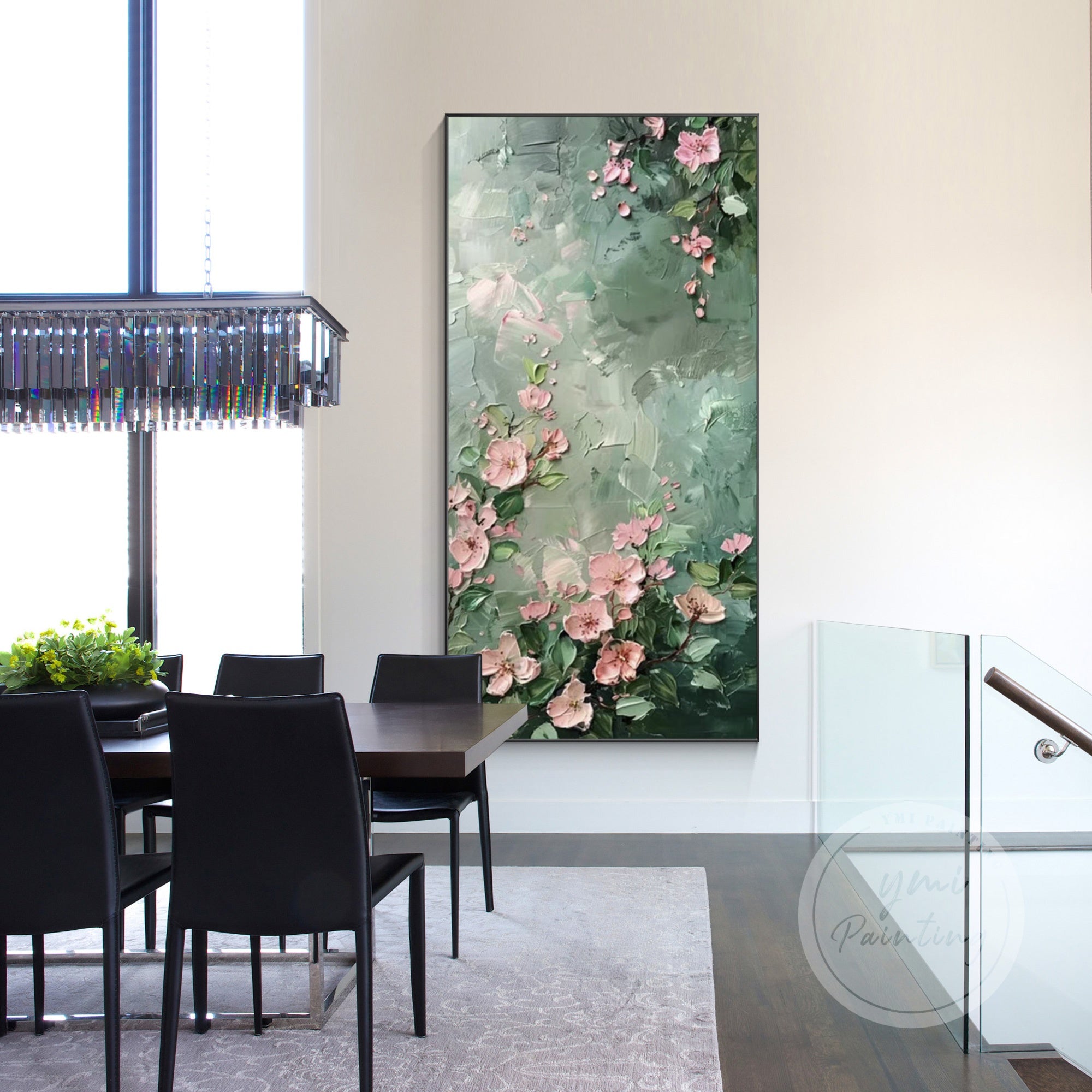 Oil painting featuring vibrant pink blossoms and visible brushstrokes