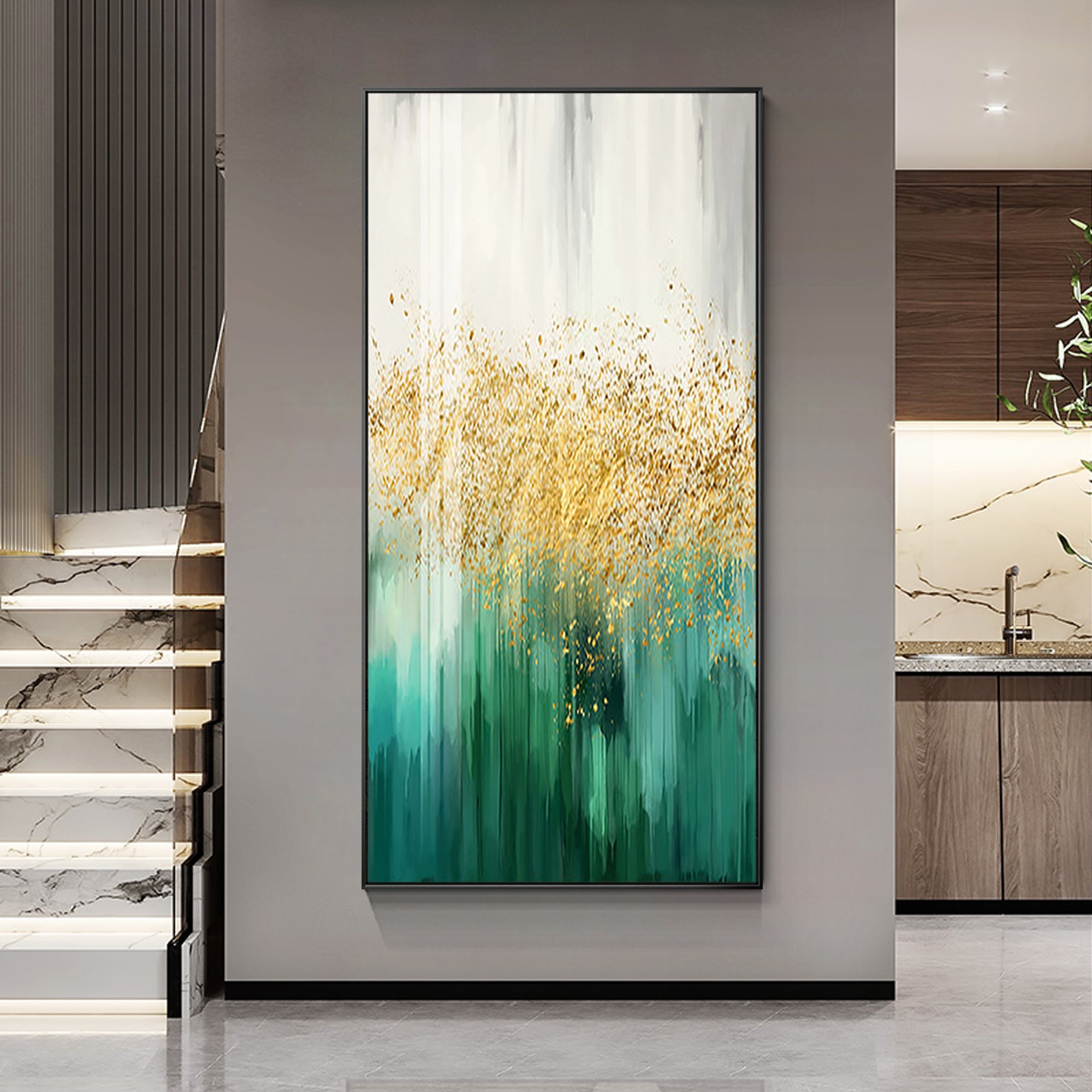 Hand-painted green gold white abstract wall art styled on a corner wall