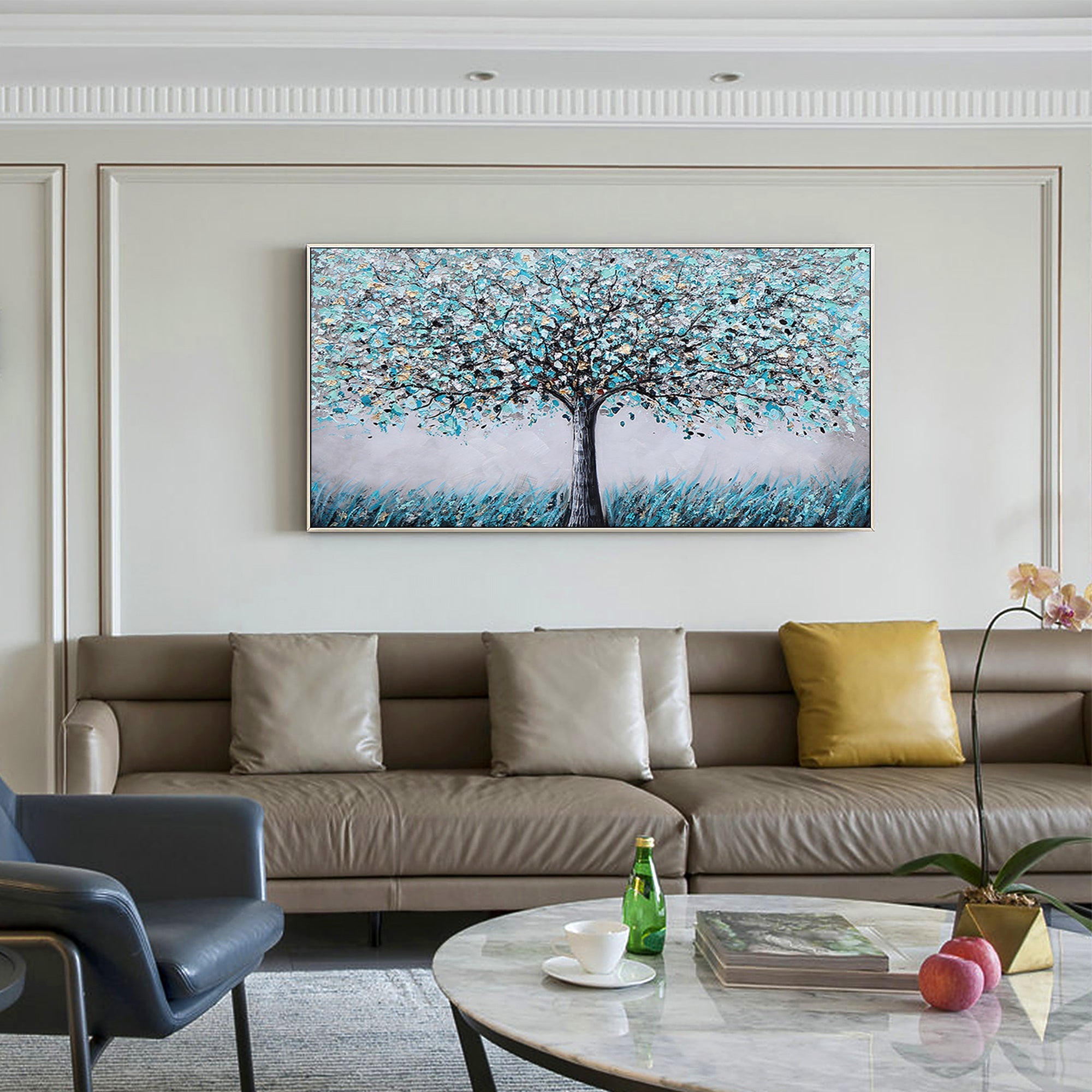 Hand painted abstract tree canvas in blue tones with mint green leaves for living room decor