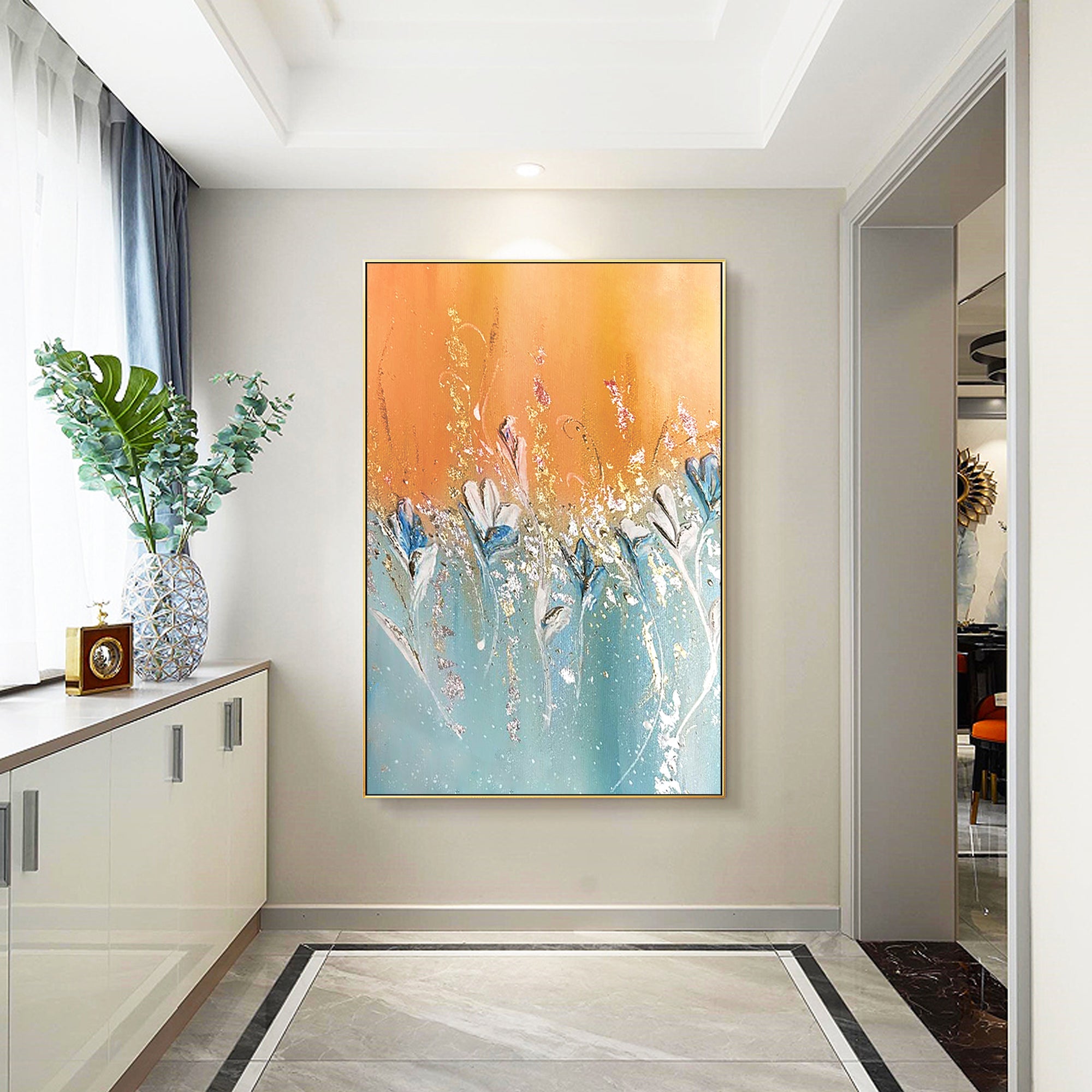 Hand Painted Blue Orange Abstract Flowers