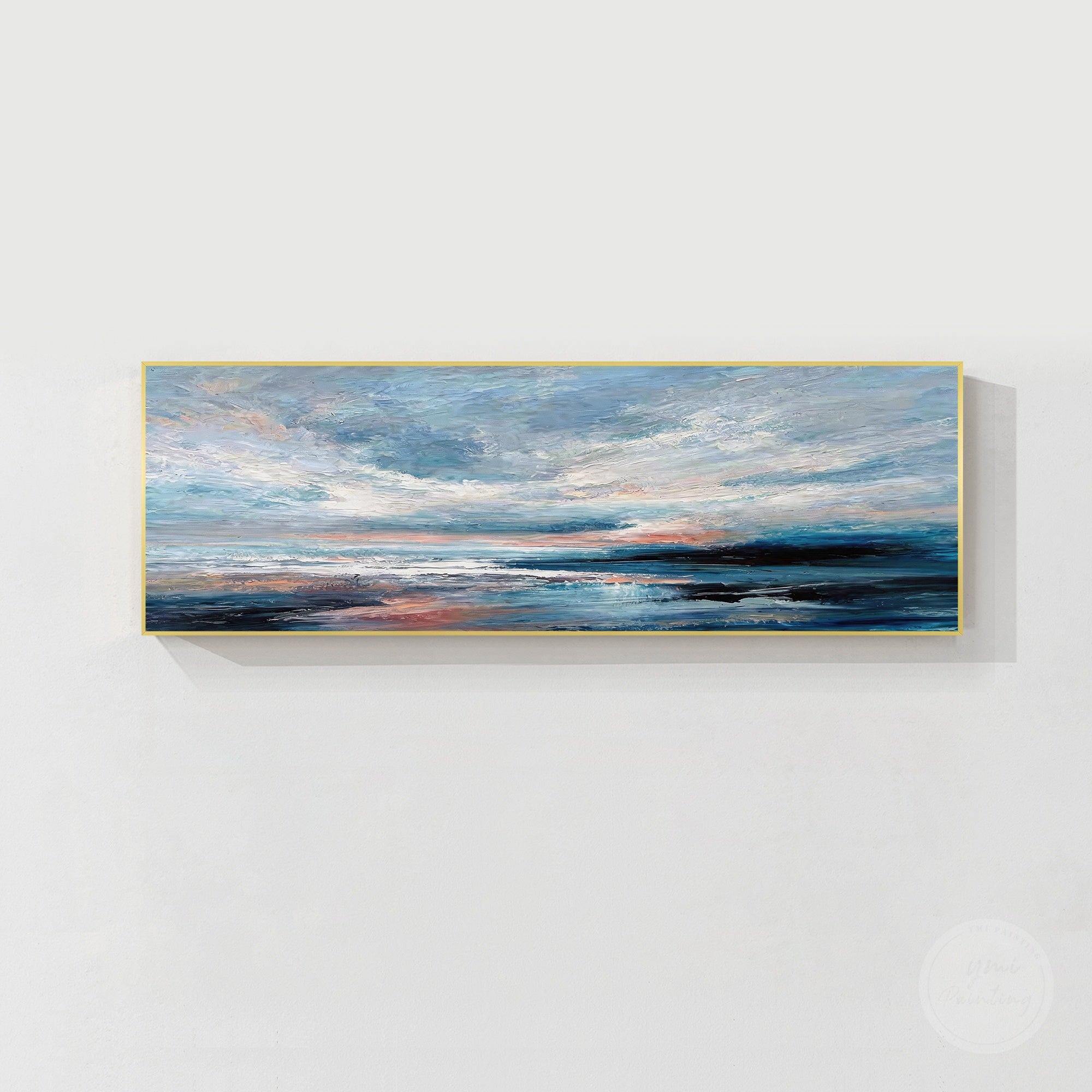 Modern abstract seascape painting with deep navy ocean and pale blue sky