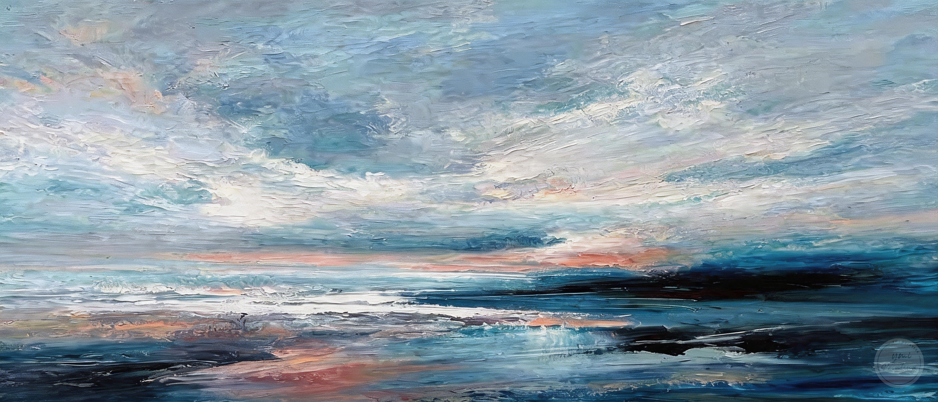 Blue abstract ocean wall art with textured waves and a distant horizon