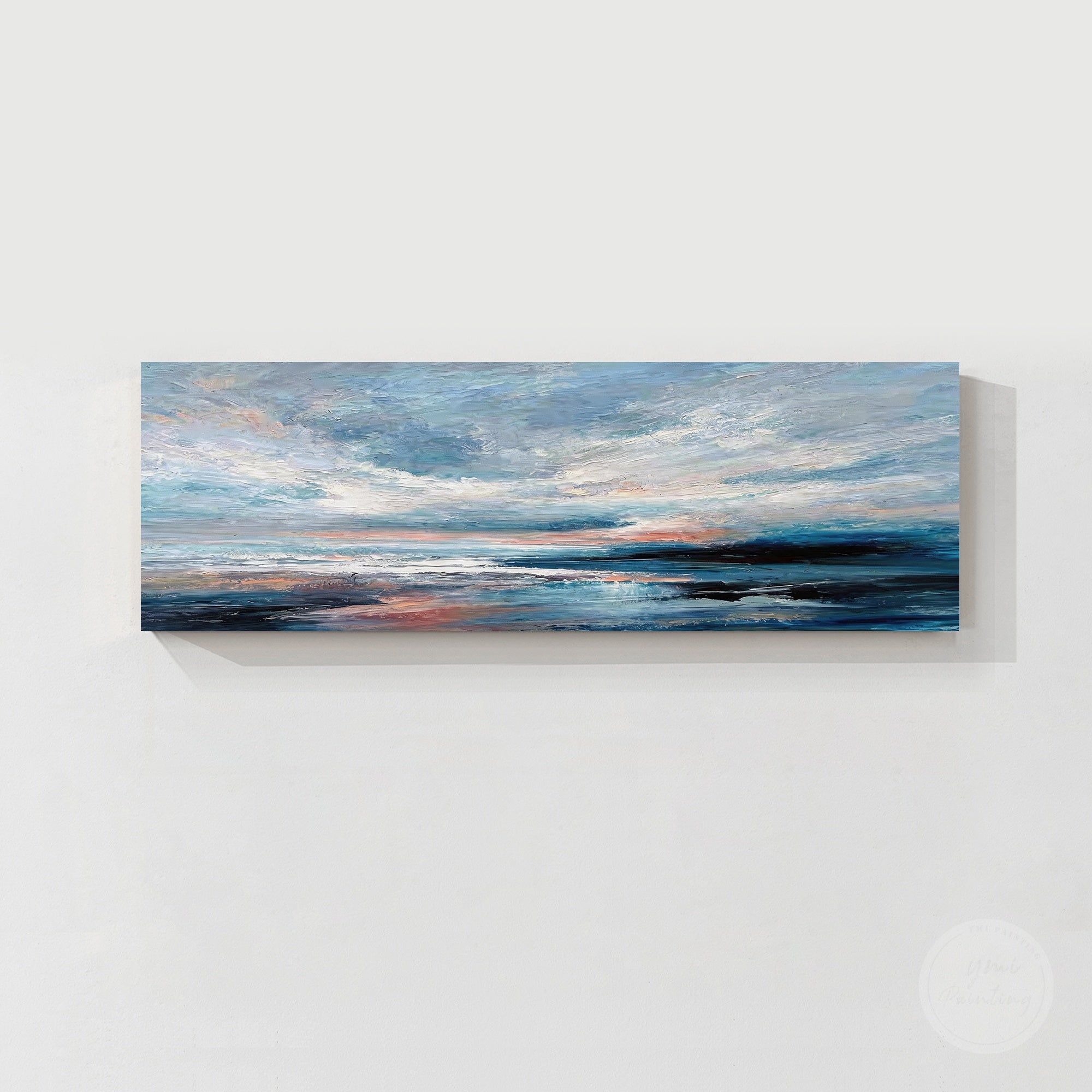 Hand-painted blue seascape canvas with layered ocean waves and soft clouds