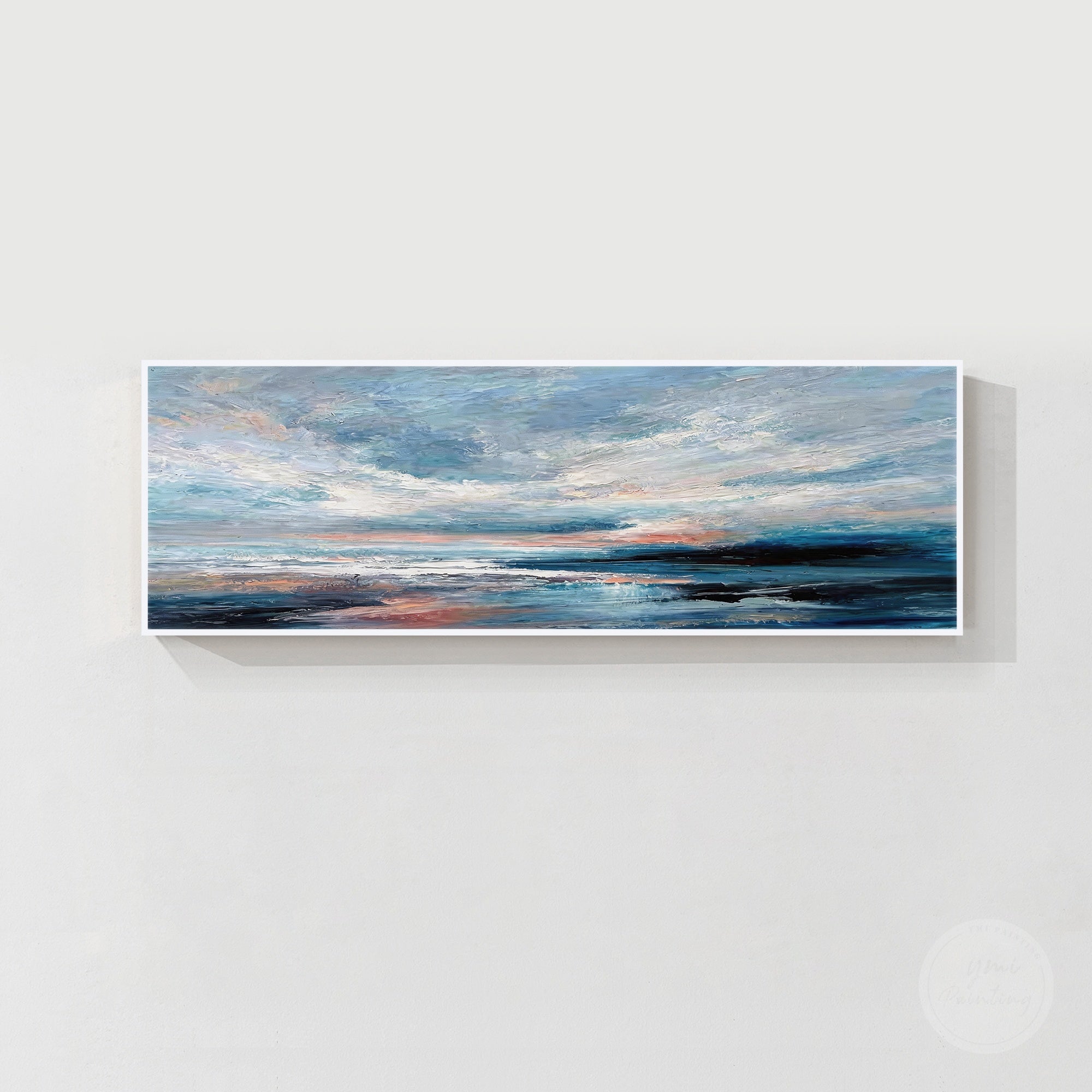 Hand-painted textured ocean artwork with blue waves pale sky and subtle warm tones