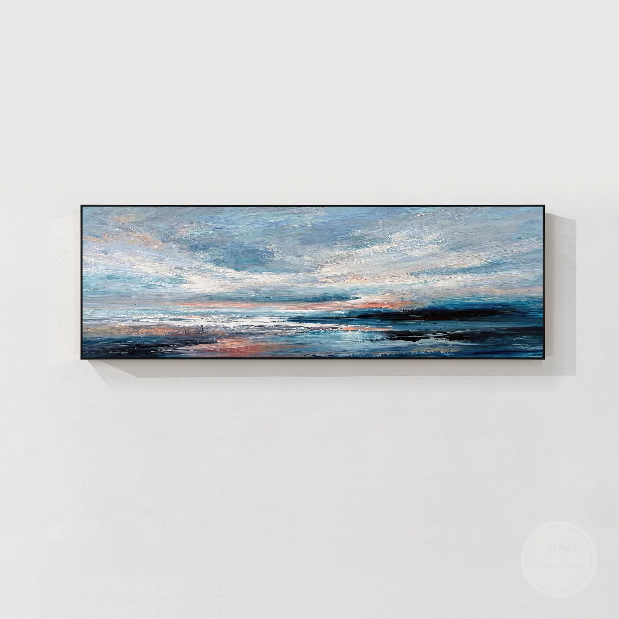 Blue abstract ocean wall art with textured waves and a distant horizon